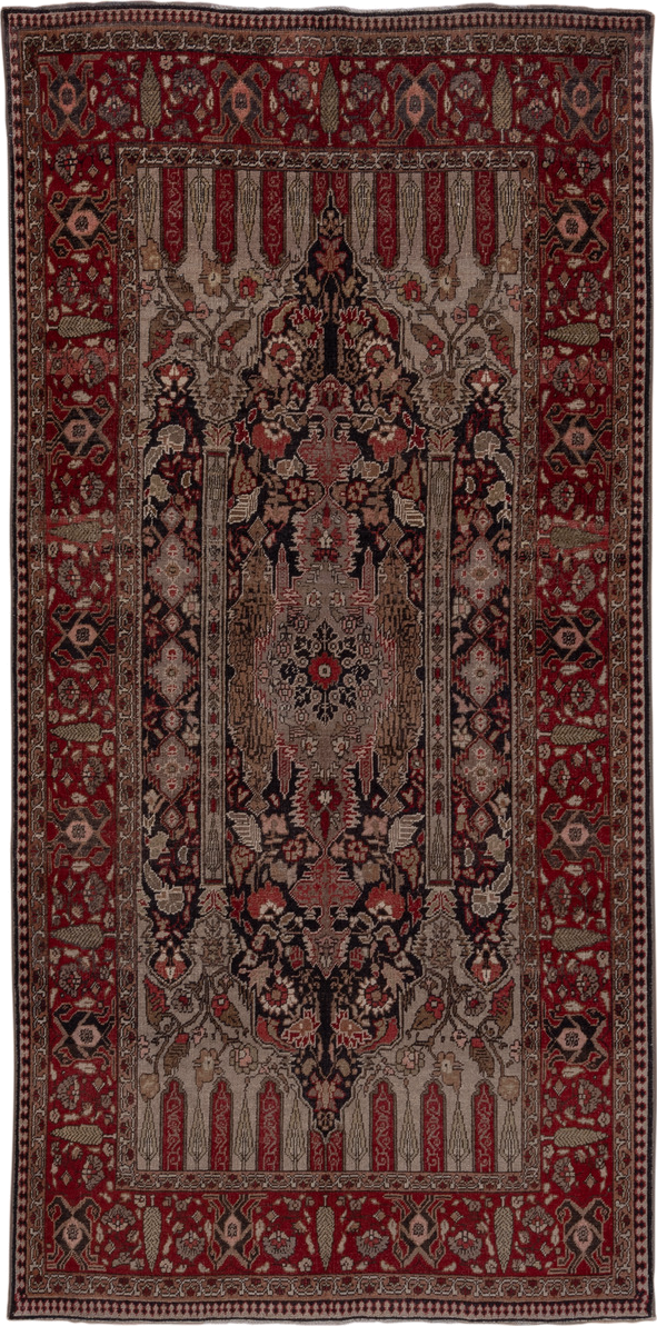 5' x 10' one-of-a-kind handmade vintage Oushak medium size rug. Color palette: red, ivory, charcoal, taupe, rose, burgundy