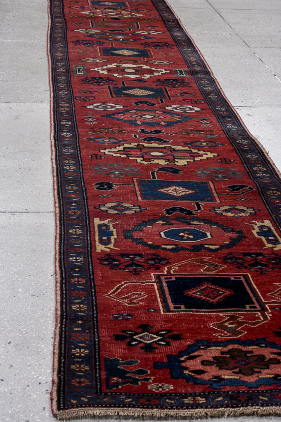 2' x 14' one-of-a-kind handmade antique Bidjar runner rug. Color palette: rust, navy, ivory, crimson, camel, slate, charcoal