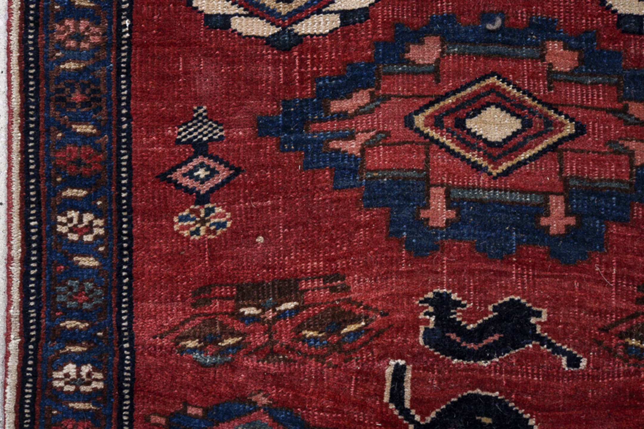 2' x 14' one-of-a-kind handmade antique Bidjar runner rug. Color palette: rust, navy, ivory, crimson, camel, slate, charcoal