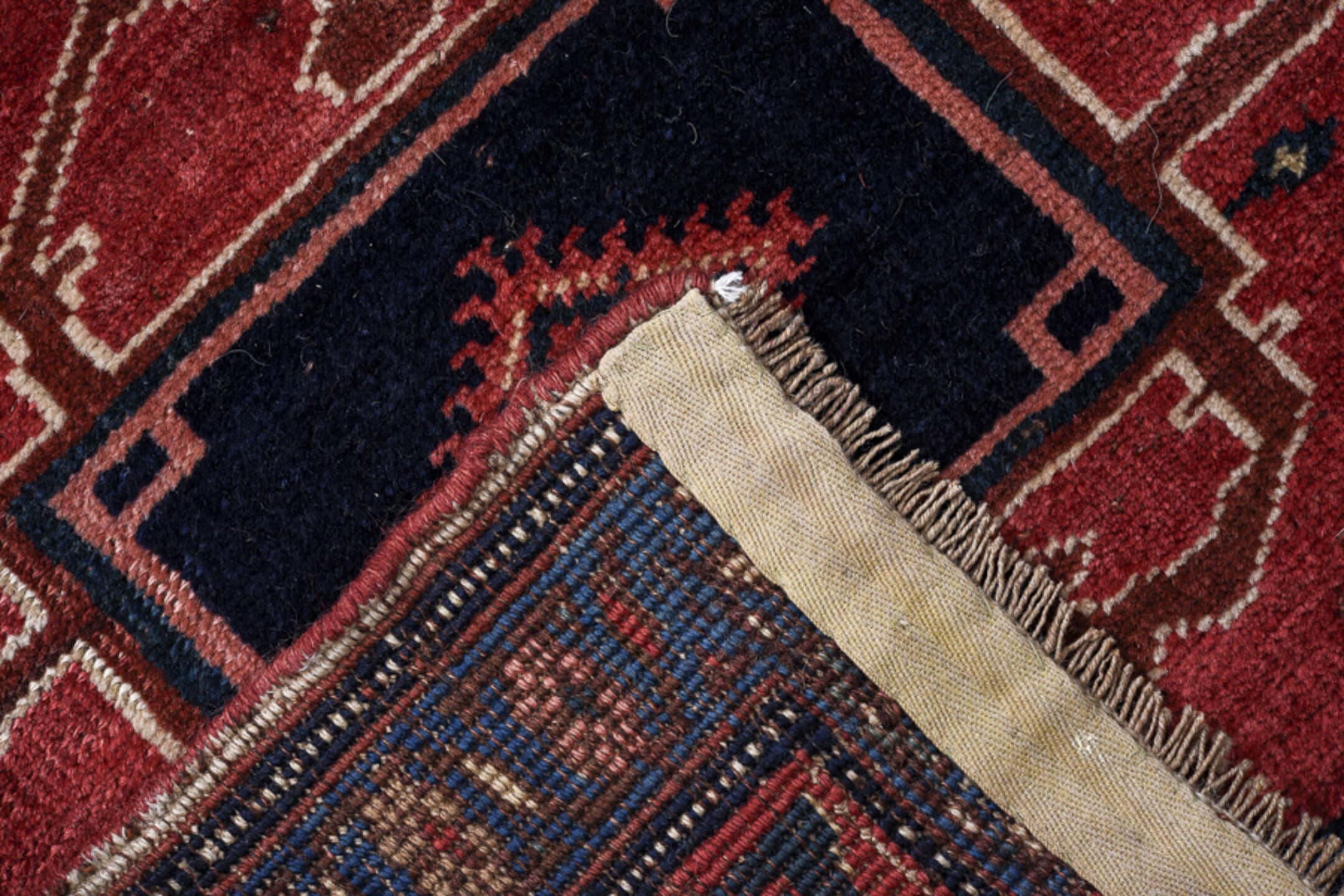 2' x 14' one-of-a-kind handmade antique Bidjar runner rug. Color palette: rust, navy, ivory, crimson, camel, slate, charcoal