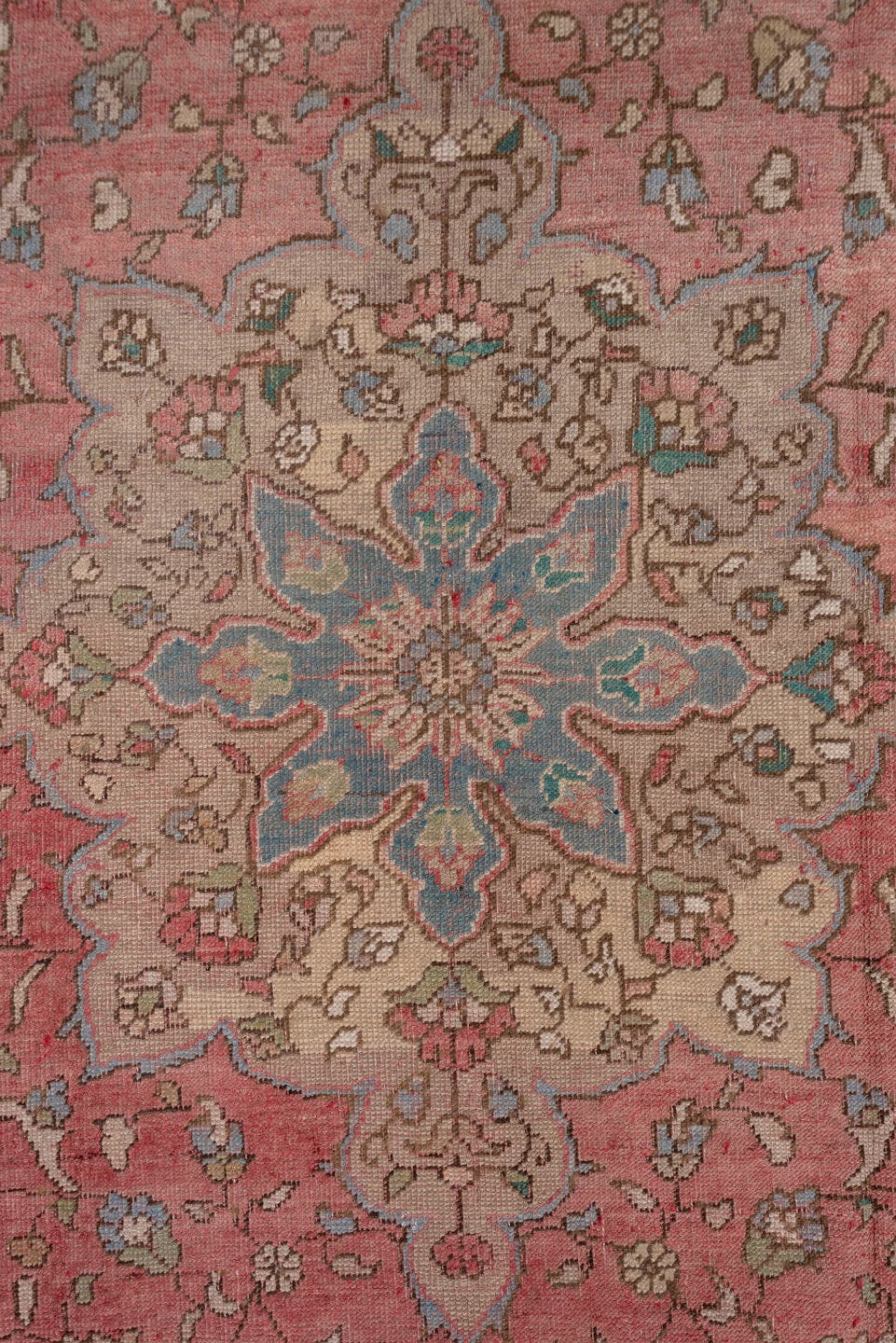 7' x 11' one-of-a-kind handmade vintage Oushak large size rug. Color palette: rose, powder_blue, taupe, ivory, dusty_blue