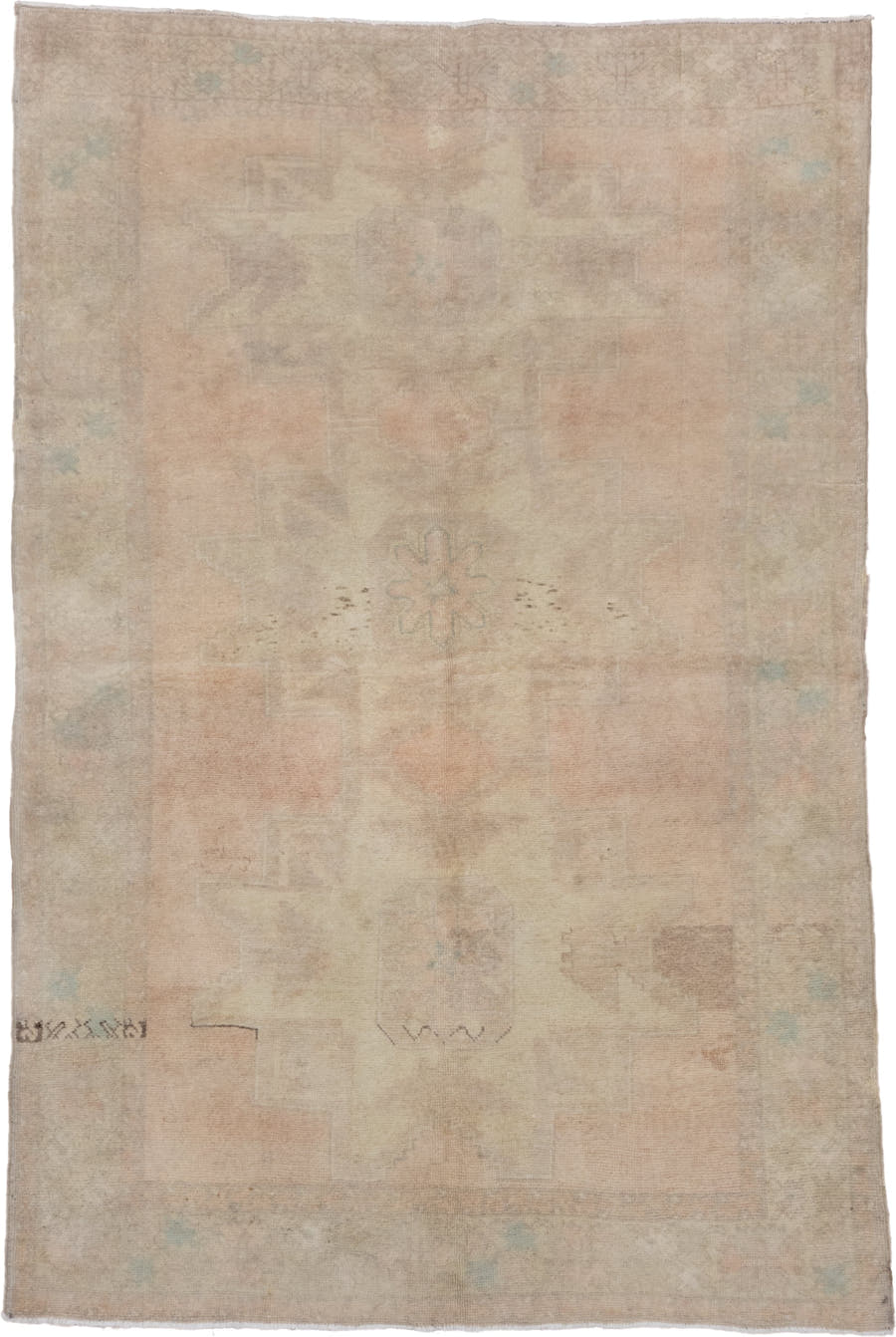 5' x 8' one-of-a-kind handmade vintage Oushak medium size rug. Color palette: beige, blush, ivory, taupe, sage, camel, pink