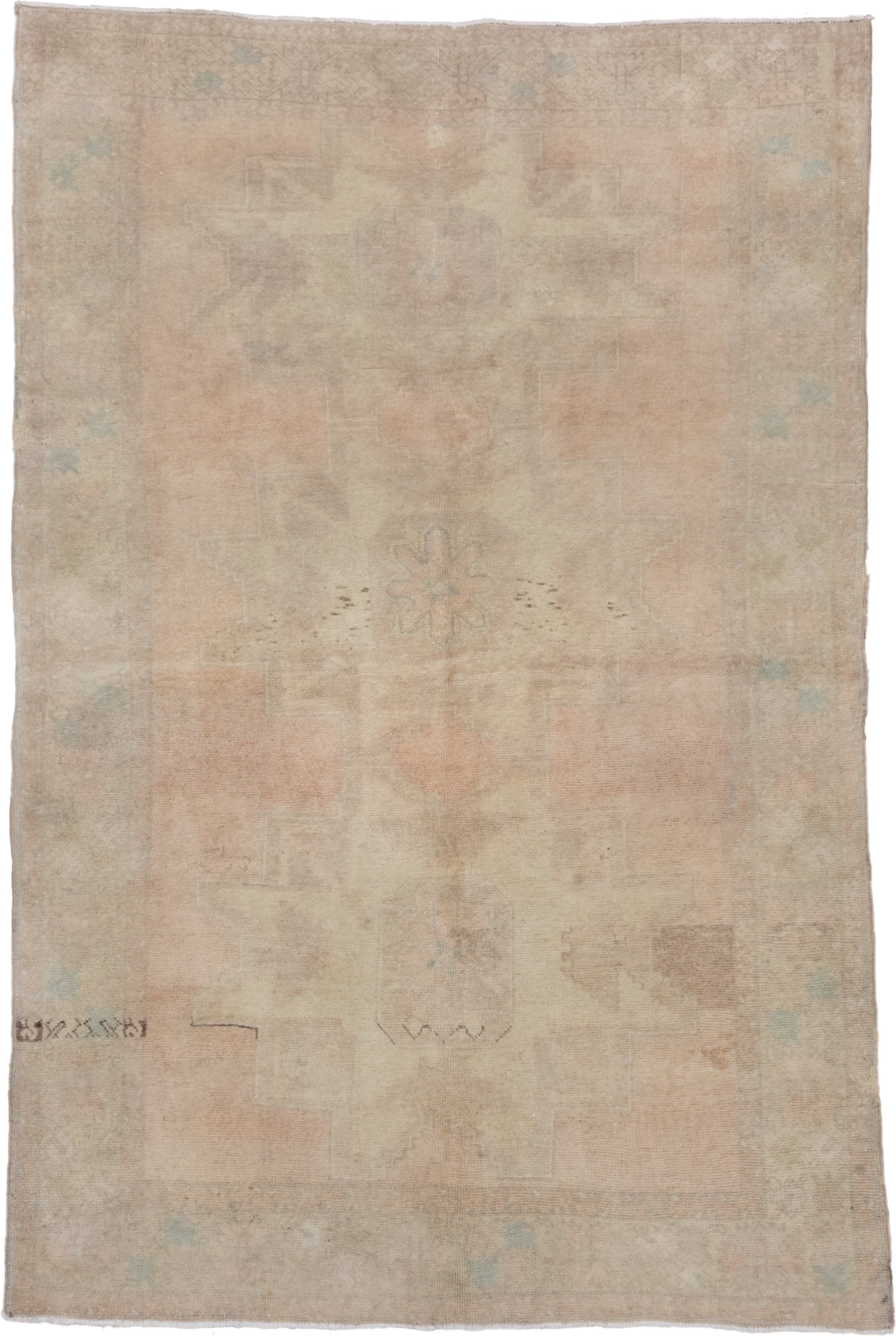 5' x 8' one-of-a-kind handmade vintage Oushak medium size rug. Color palette: beige, blush, ivory, taupe, sage, camel, pink