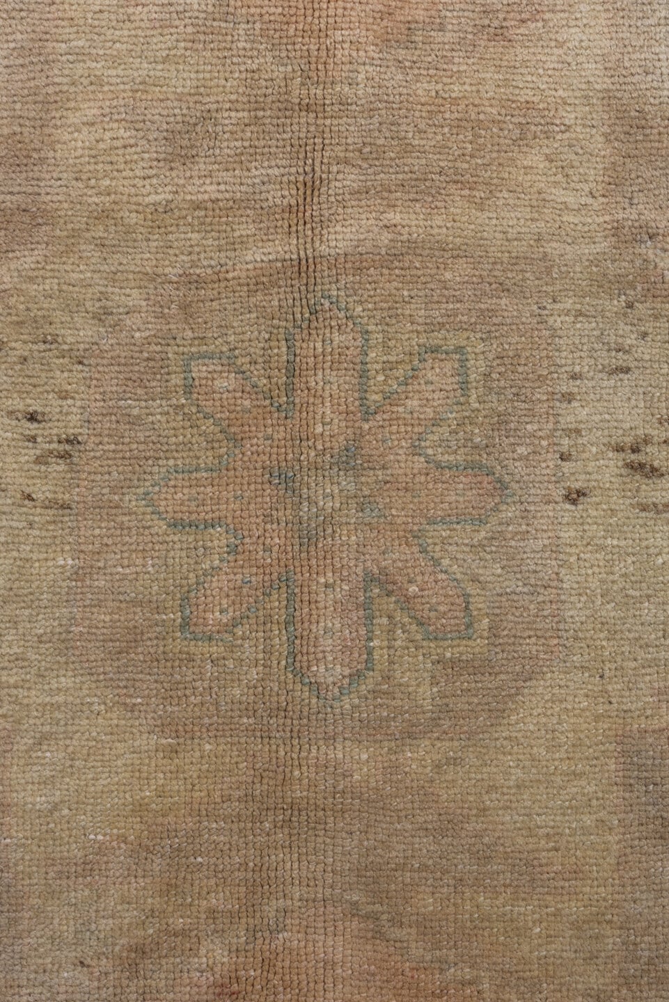 5' x 8' one-of-a-kind handmade vintage Oushak medium size rug. Color palette: beige, blush, ivory, taupe, sage, camel, pink
