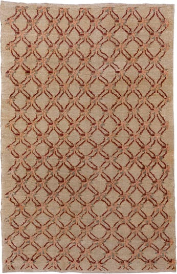 6' x 9' one-of-a-kind handmade vintage Konya medium size rug. Color palette: camel, rust, blush, pale_blue, beige