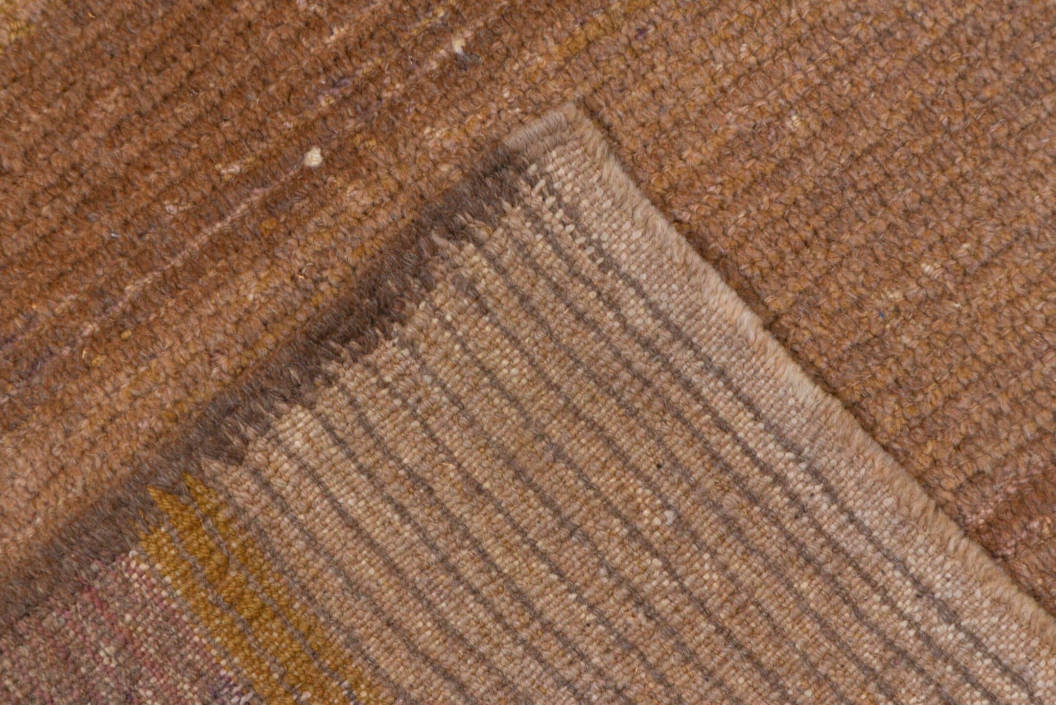 6' x 8' one-of-a-kind handmade vintage Tulu medium size rug. Color palette: taupe, camel, beige, brown, gray
