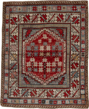 4' x 5' one-of-a-kind handmade vintage Oushak small size rug. Color palette: red, ivory, light blue, taupe, brown, charcoal