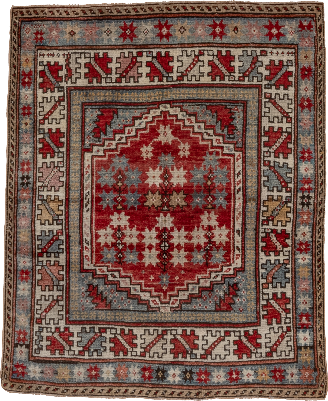 4' x 5' one-of-a-kind handmade vintage Oushak small size rug. Color palette: red, ivory, light blue, taupe, brown, charcoal