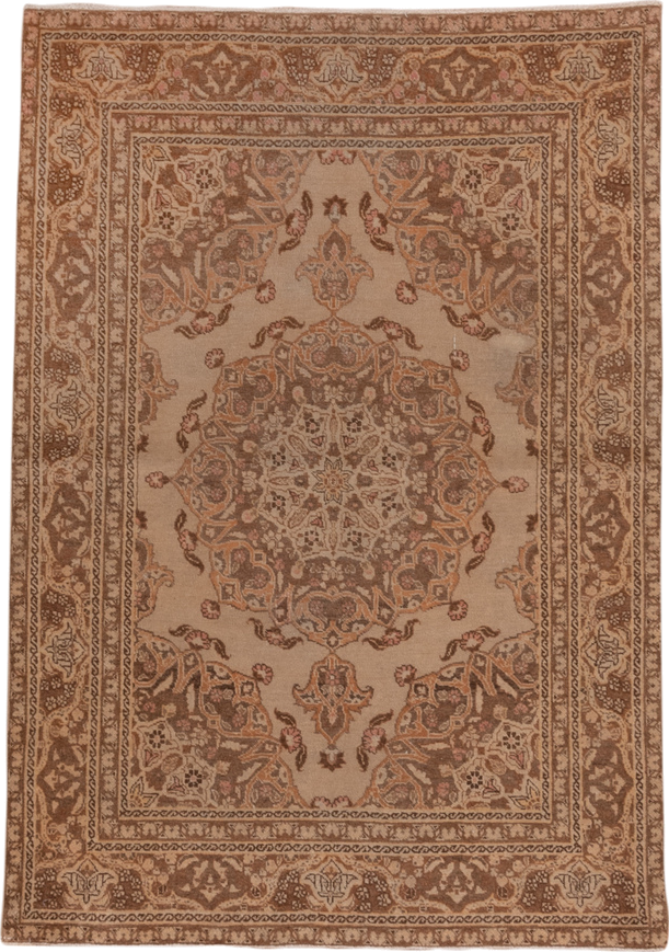 3' x 5' one-of-a-kind handmade vintage Tabriz small size rug. Color palette: camel, taupe, brown, ivory, beige, rose, gray