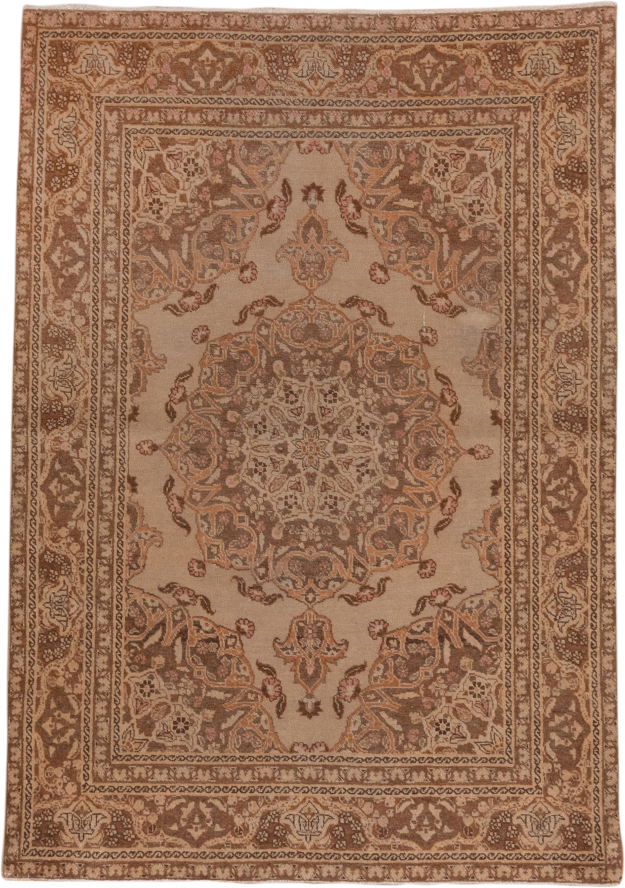 3' x 5' one-of-a-kind handmade vintage Tabriz small size rug. Color palette: camel, taupe, brown, ivory, beige, rose, gray