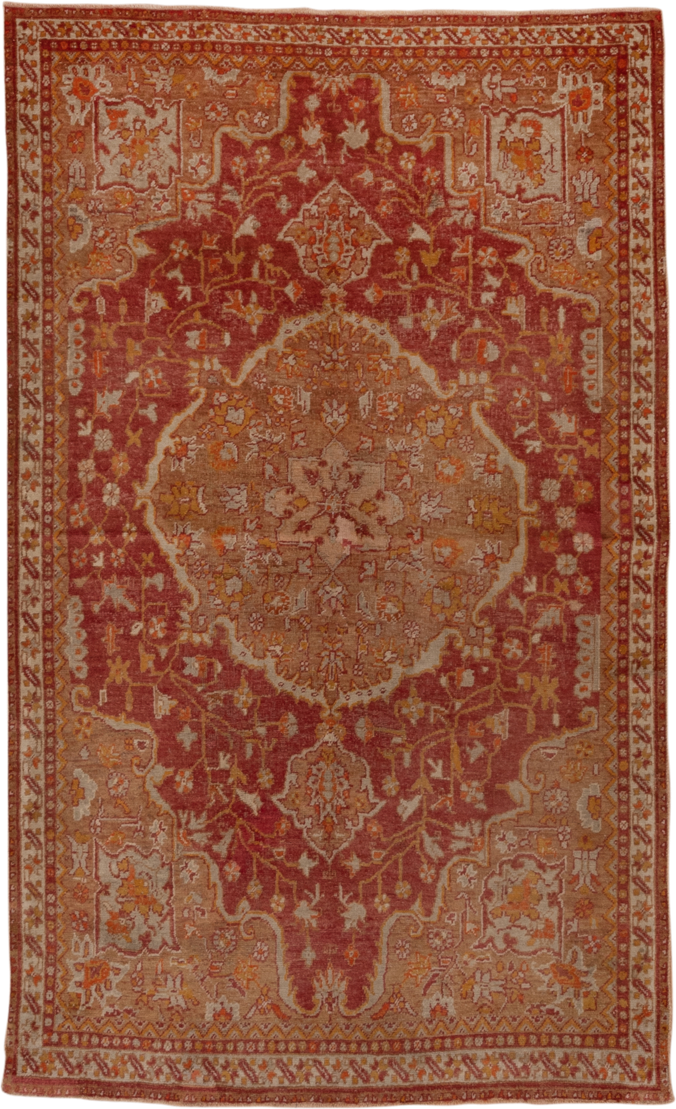 4' x 7' one-of-a-kind handmade vintage Sivas rug. Color palette: rust, terra cotta, rose, ivory, gold, camel, sienna