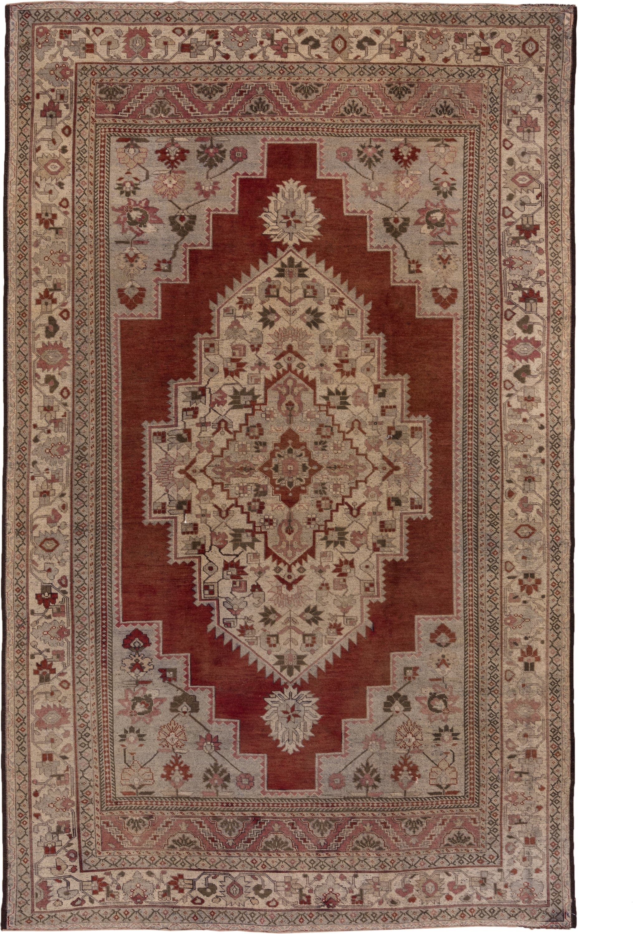 7' x 12' one-of-a-kind handmade vintage Oushak large size rug. Color palette: terra cotta, ivory, rose, taupe, sage