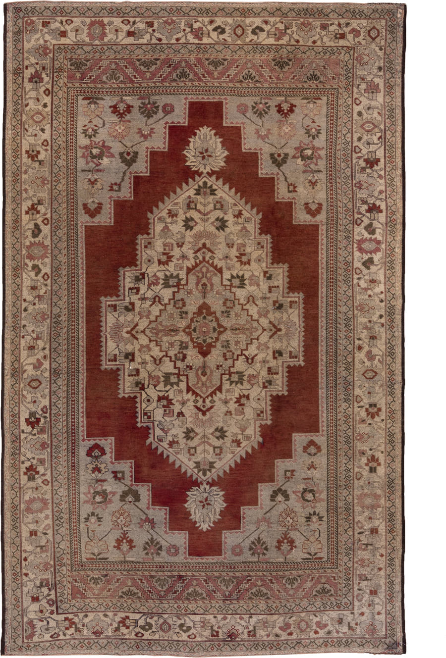 7' x 12' one-of-a-kind handmade vintage Oushak large size rug. Color palette: terra cotta, ivory, rose, taupe, sage