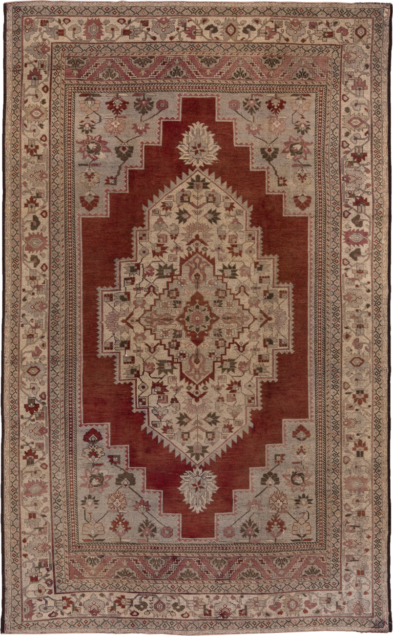 7' x 12' one-of-a-kind handmade vintage Oushak large size rug. Color palette: terra cotta, ivory, rose, taupe, sage