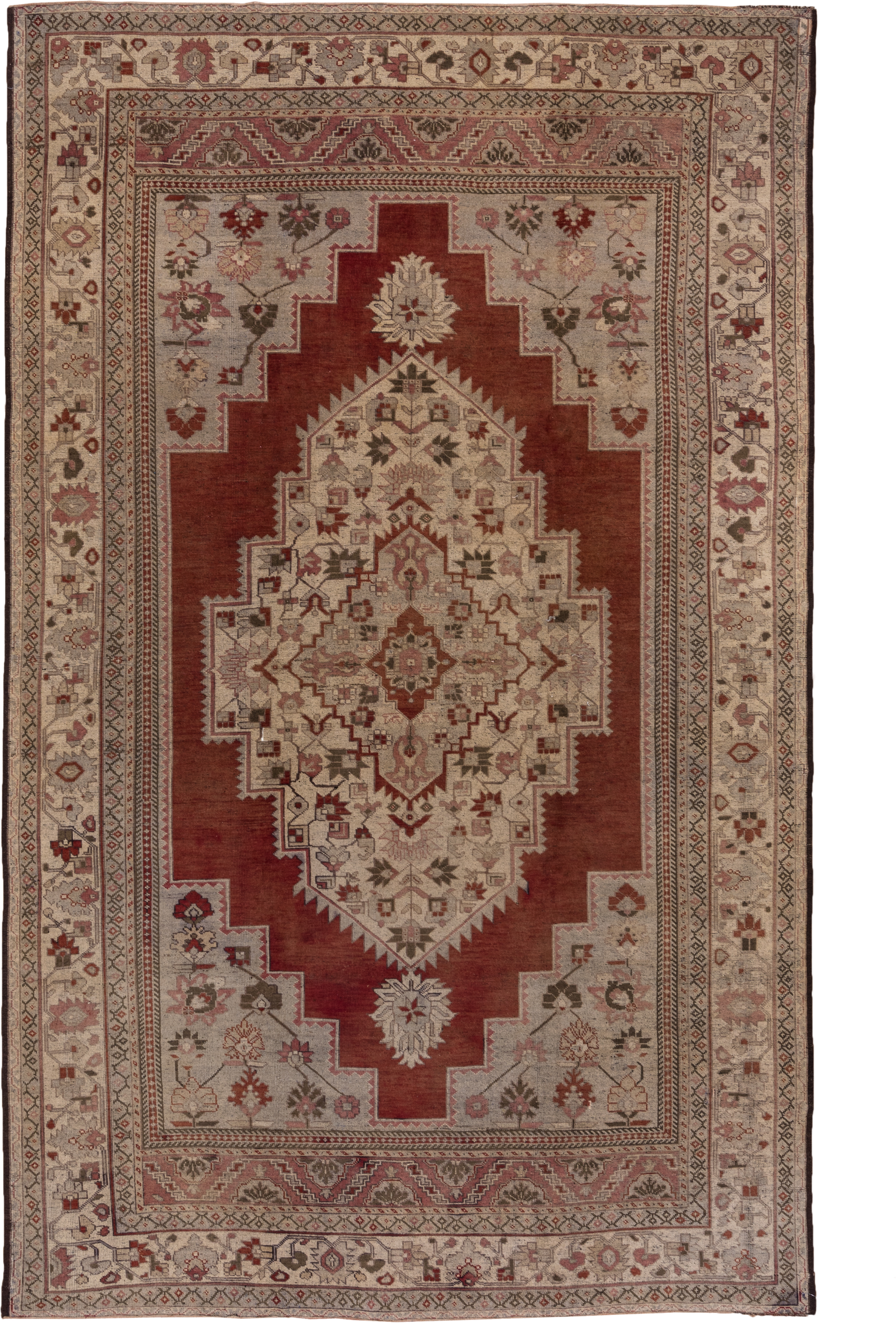 7' x 12' one-of-a-kind handmade vintage Oushak large size rug. Color palette: terra cotta, ivory, rose, taupe, sage