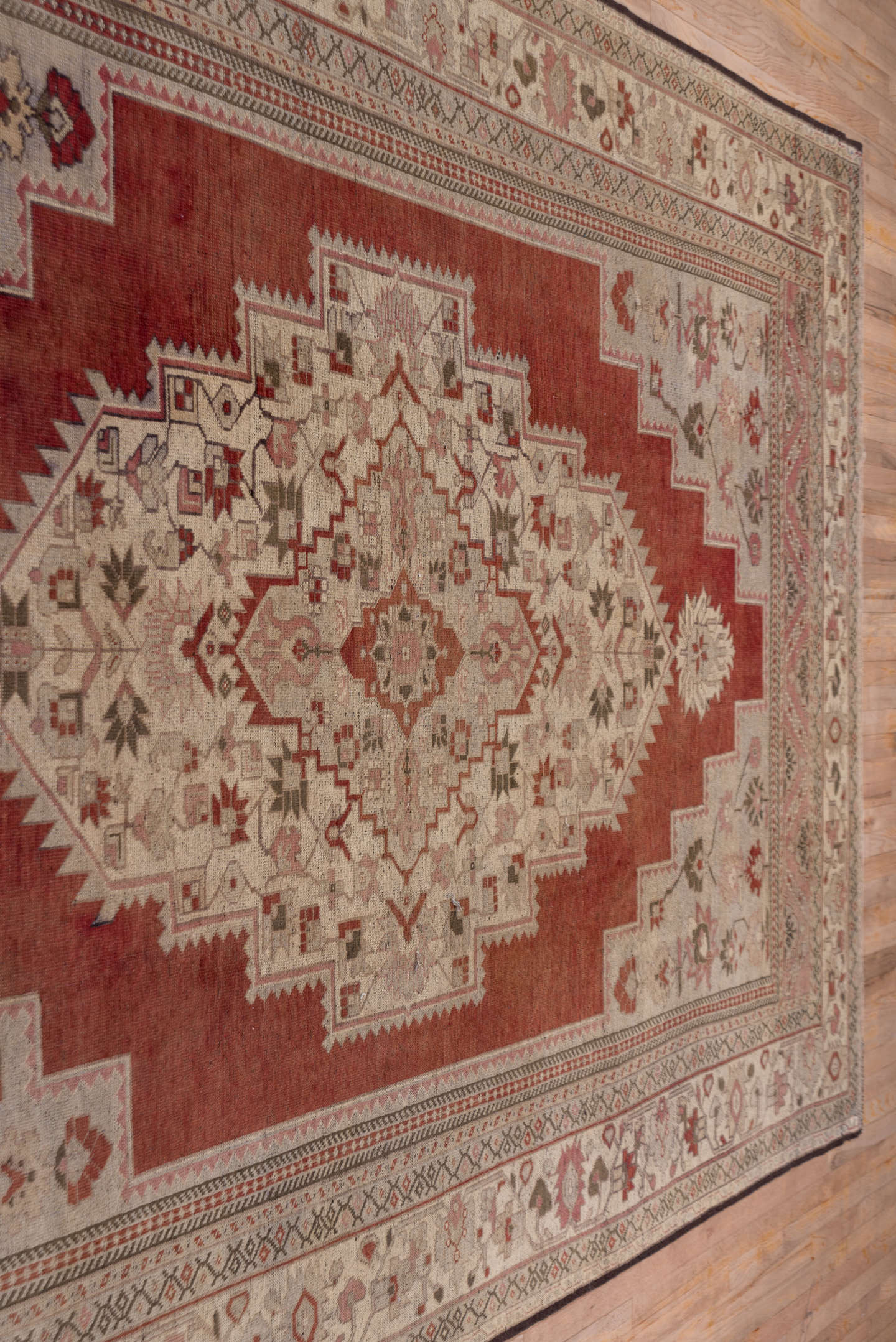 7' x 12' one-of-a-kind handmade vintage Oushak large size rug. Color palette: terra cotta, ivory, rose, taupe, sage