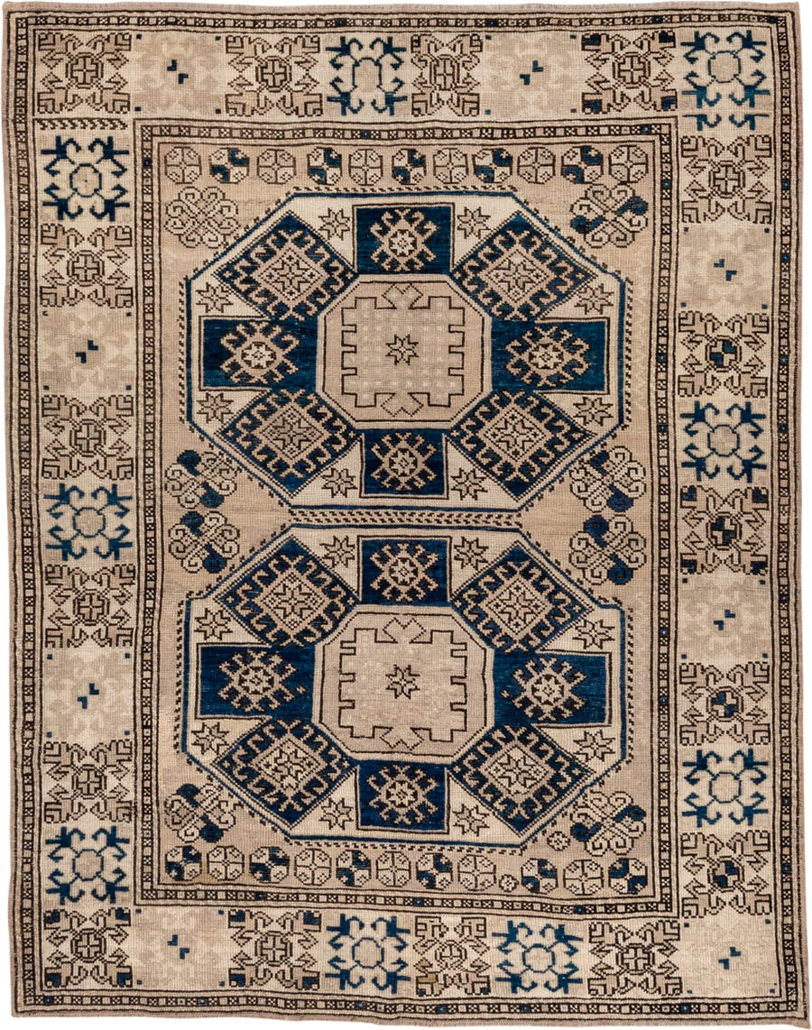 5' x 6' one-of-a-kind handmade vintage Oushak rug. Color palette: ivory, navy, taupe, charcoal, beige, blue, gray, black