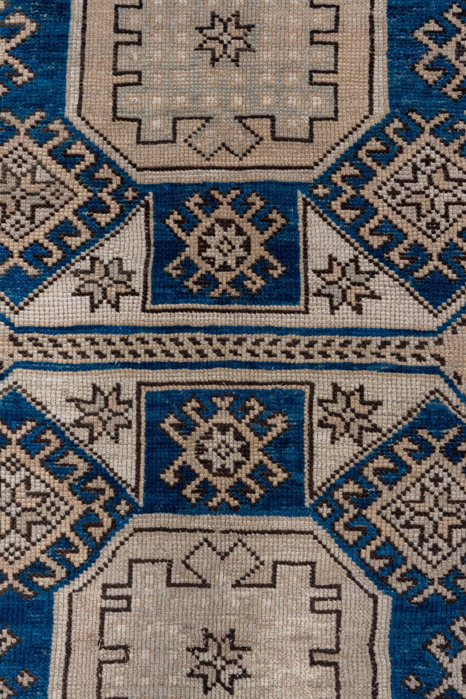 5' x 6' one-of-a-kind handmade vintage Oushak rug. Color palette: ivory, navy, taupe, charcoal, beige, blue, gray, black