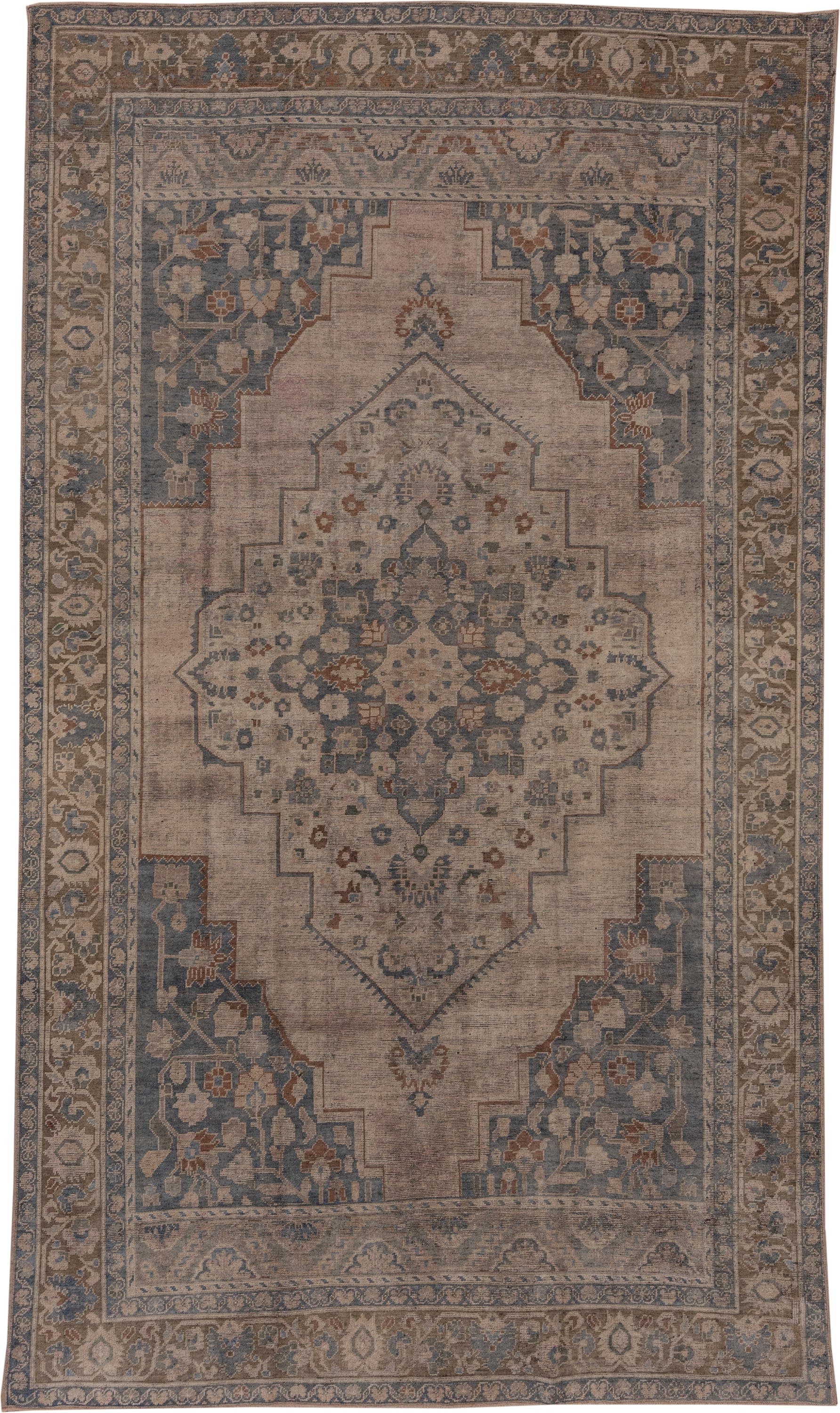 6' x 10' one-of-a-kind handmade vintage Oushak large size rug. Color palette: taupe, slate, ivory, camel, rust, blue, brown