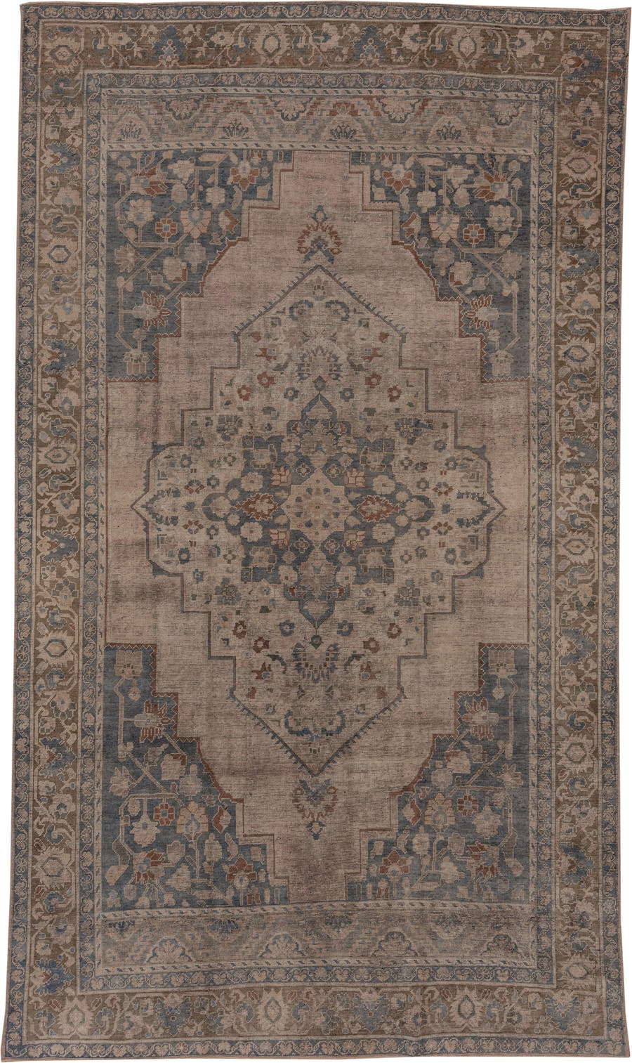 6' x 10' one-of-a-kind handmade vintage Oushak large size rug. Color palette: taupe, slate, ivory, camel, rust, blue, brown