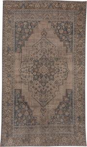 6' x 10' one-of-a-kind handmade vintage Oushak large size rug. Color palette: taupe, slate, ivory, camel, rust, blue, brown