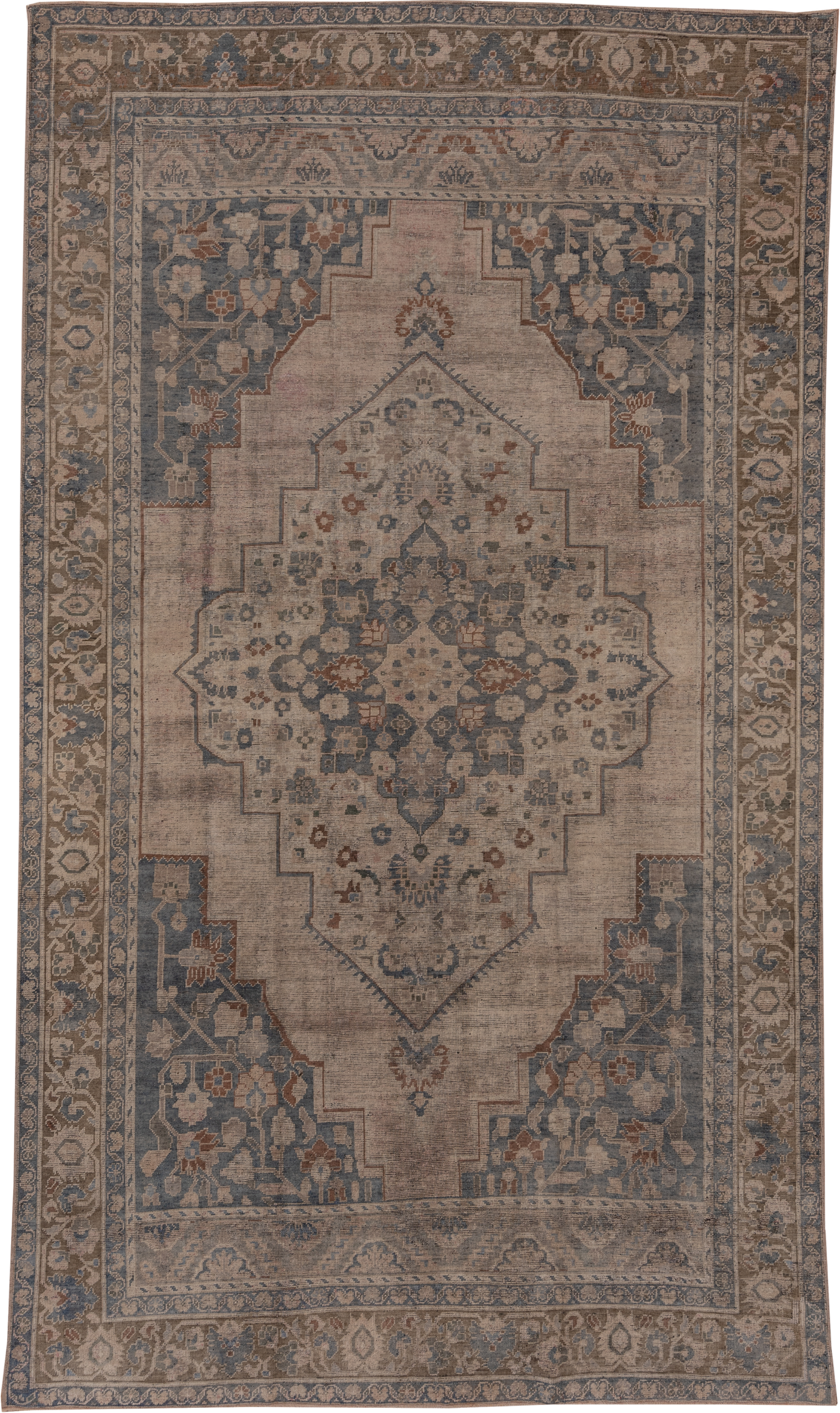 6' x 10' one-of-a-kind handmade vintage Oushak large size rug. Color palette: taupe, slate, ivory, camel, rust, blue, brown