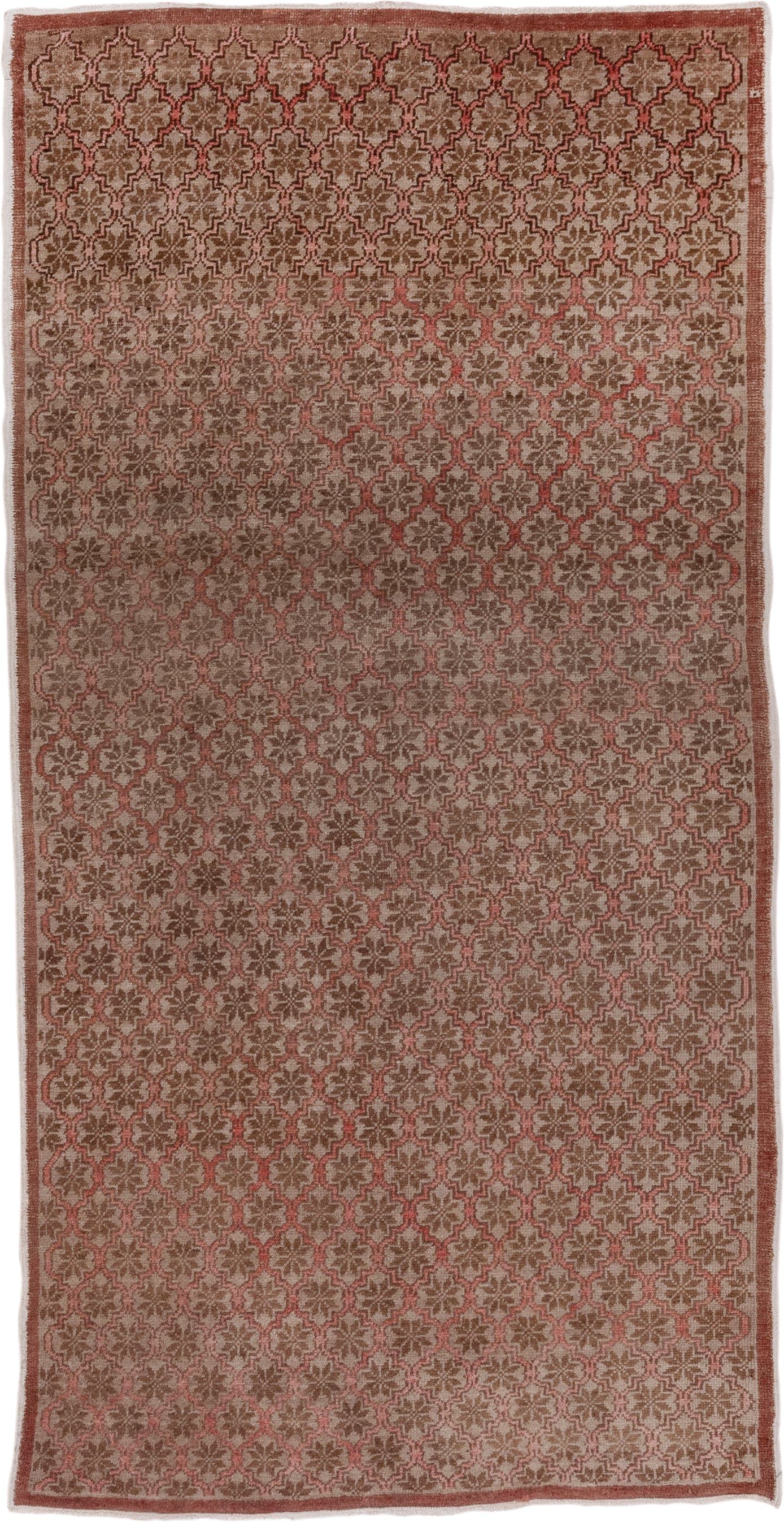 4' x 8' one-of-a-kind handmade vintage Oushak rug. Color palette: rose, taupe, dusty rose, brown, terracotta, pink, red