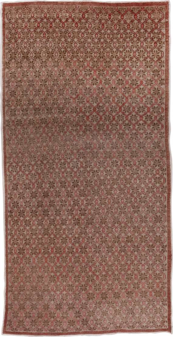 4' x 8' one-of-a-kind handmade vintage Oushak rug. Color palette: rose, taupe, dusty rose, brown, terracotta, pink, red