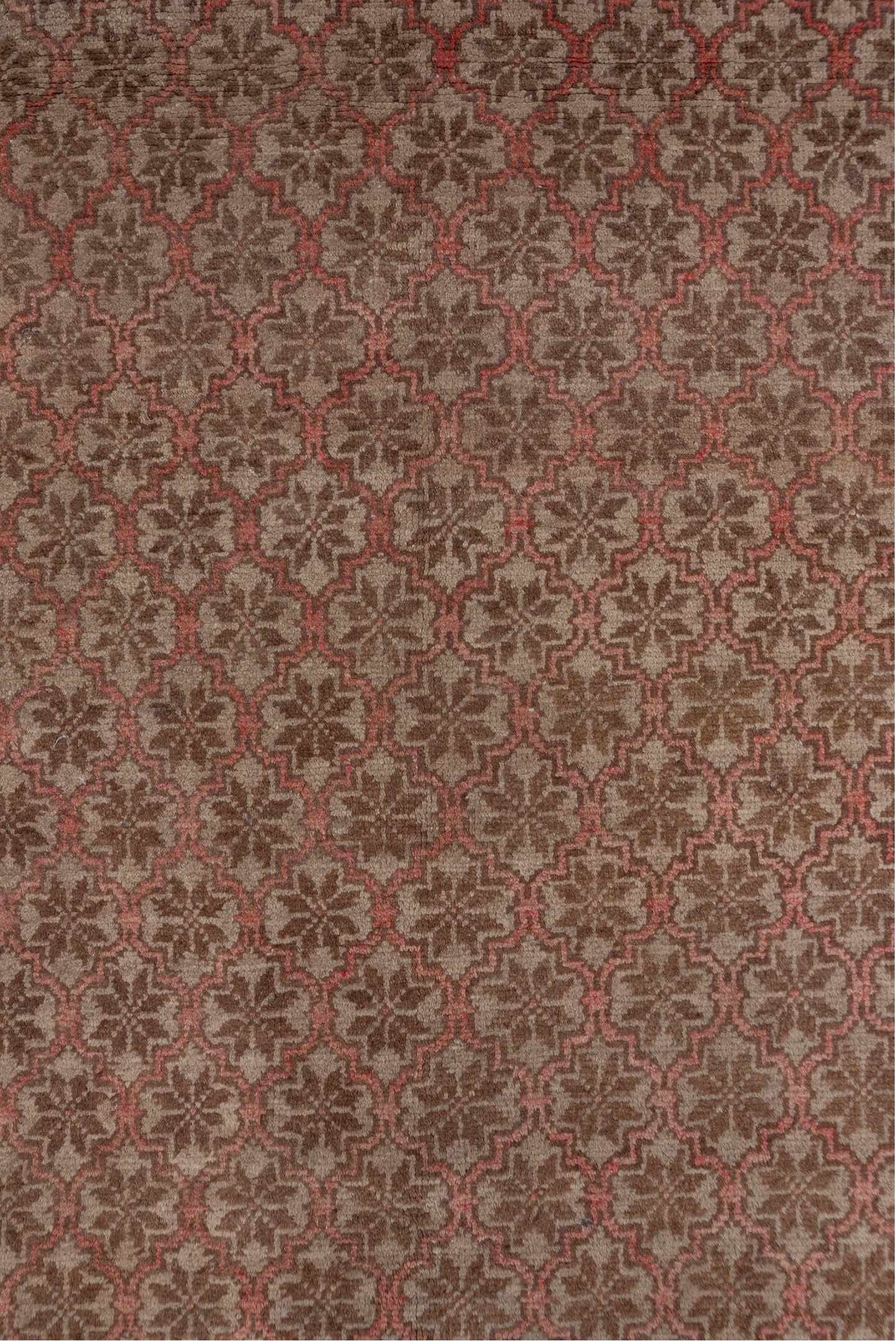 4' x 8' one-of-a-kind handmade vintage Oushak rug. Color palette: rose, taupe, dusty rose, brown, terracotta, pink, red