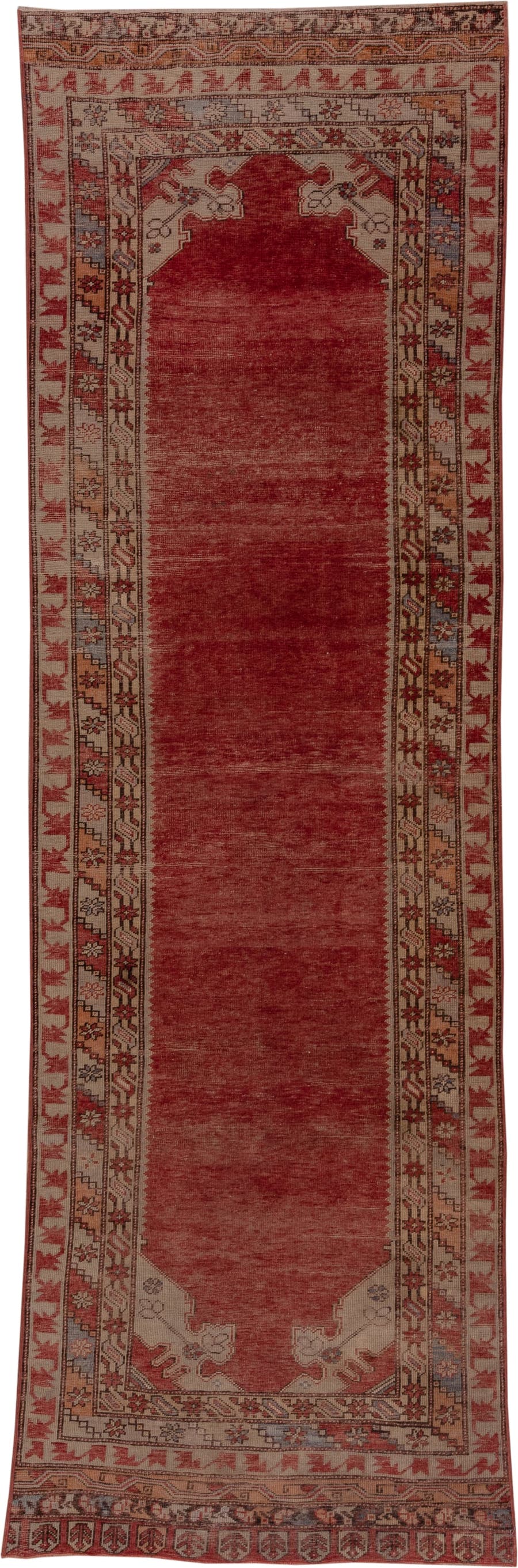 3' x 12' one-of-a-kind handmade vintage Oushak runner rug. Color palette: terra cotta, rust, ivory, rose, slate, taupe