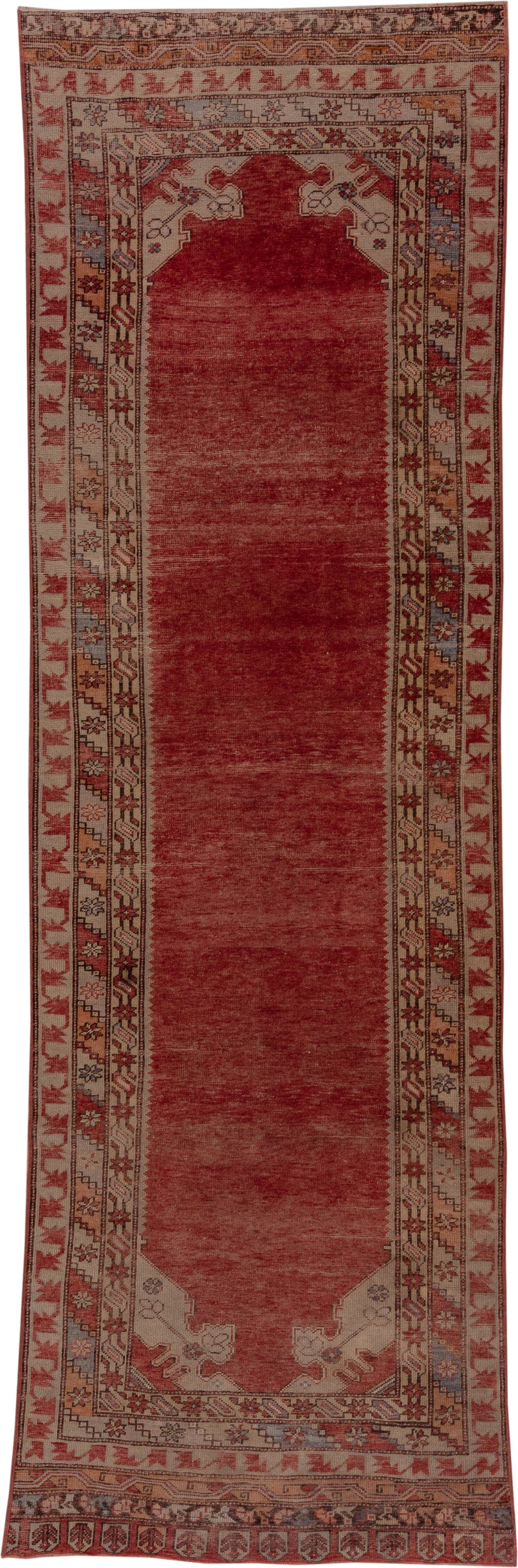 3' x 12' one-of-a-kind handmade vintage Oushak runner rug. Color palette: terra cotta, rust, ivory, rose, slate, taupe