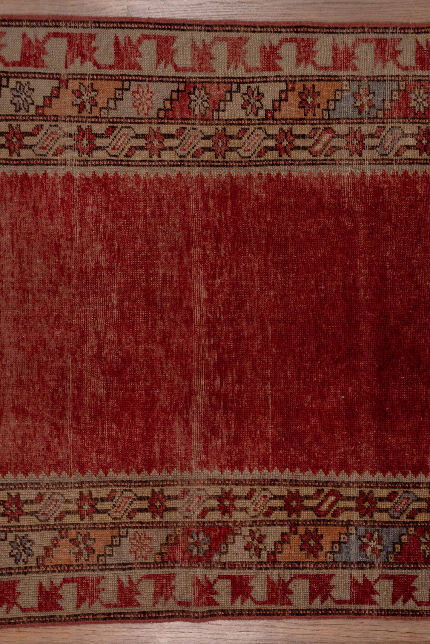 3' x 12' one-of-a-kind handmade vintage Oushak runner rug. Color palette: terra cotta, rust, ivory, rose, slate, taupe