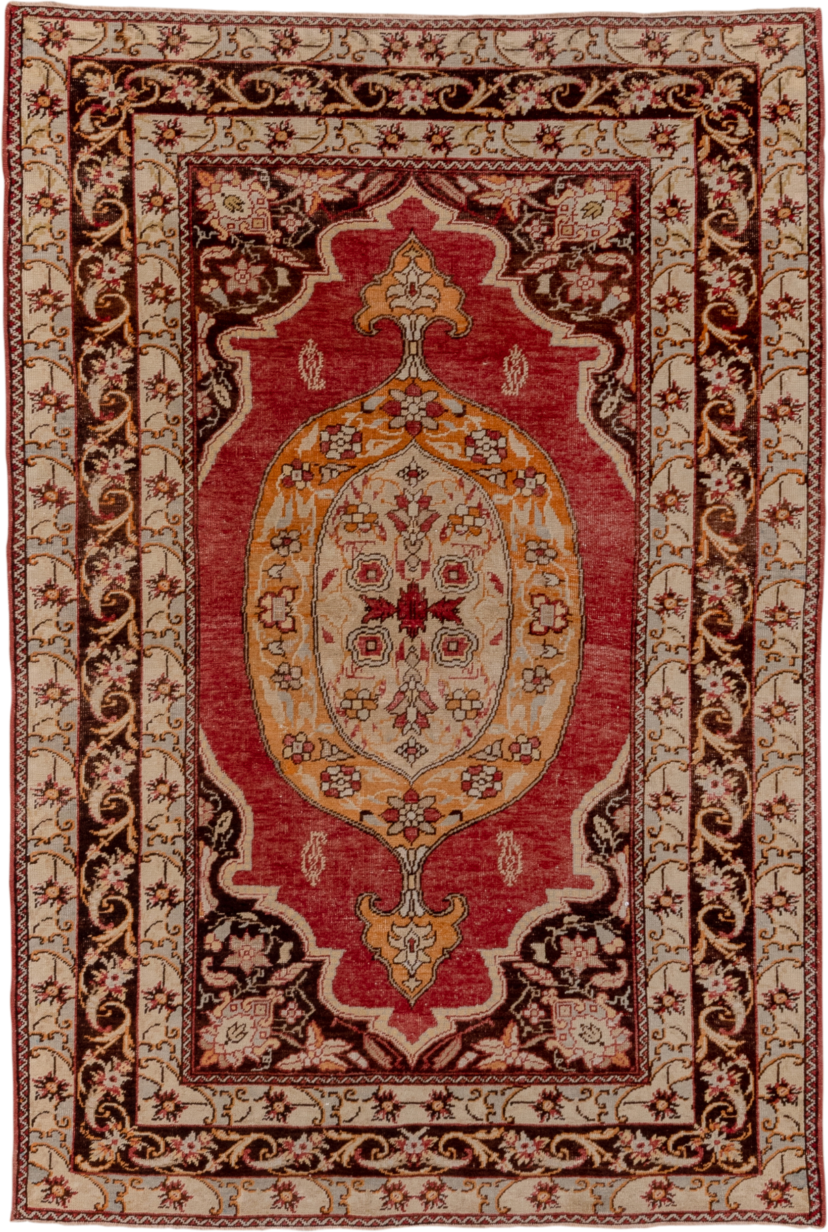 4' x 6' one-of-a-kind handmade vintage Oushak small size rug. Color palette: ivory, rust, burgundy, gold, brown, camel