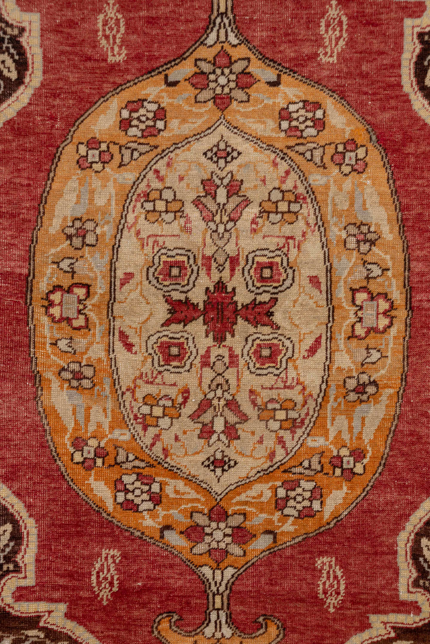 4' x 6' one-of-a-kind handmade vintage Oushak small size rug. Color palette: ivory, rust, burgundy, gold, brown, camel