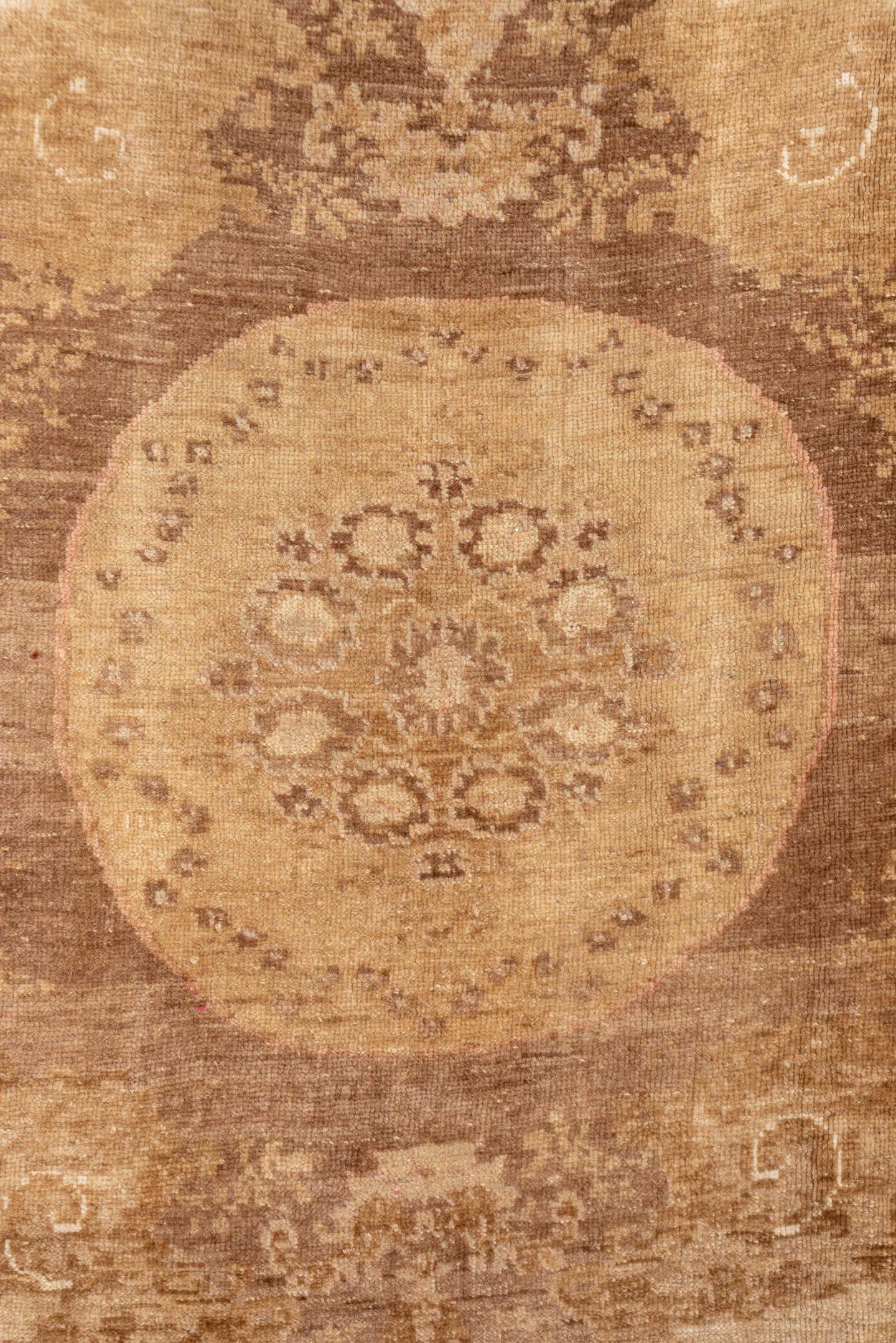 7' x 9' one-of-a-kind handmade vintage Oushak rug. Color palette: camel, ivory, taupe, beige, tan, brown, gray