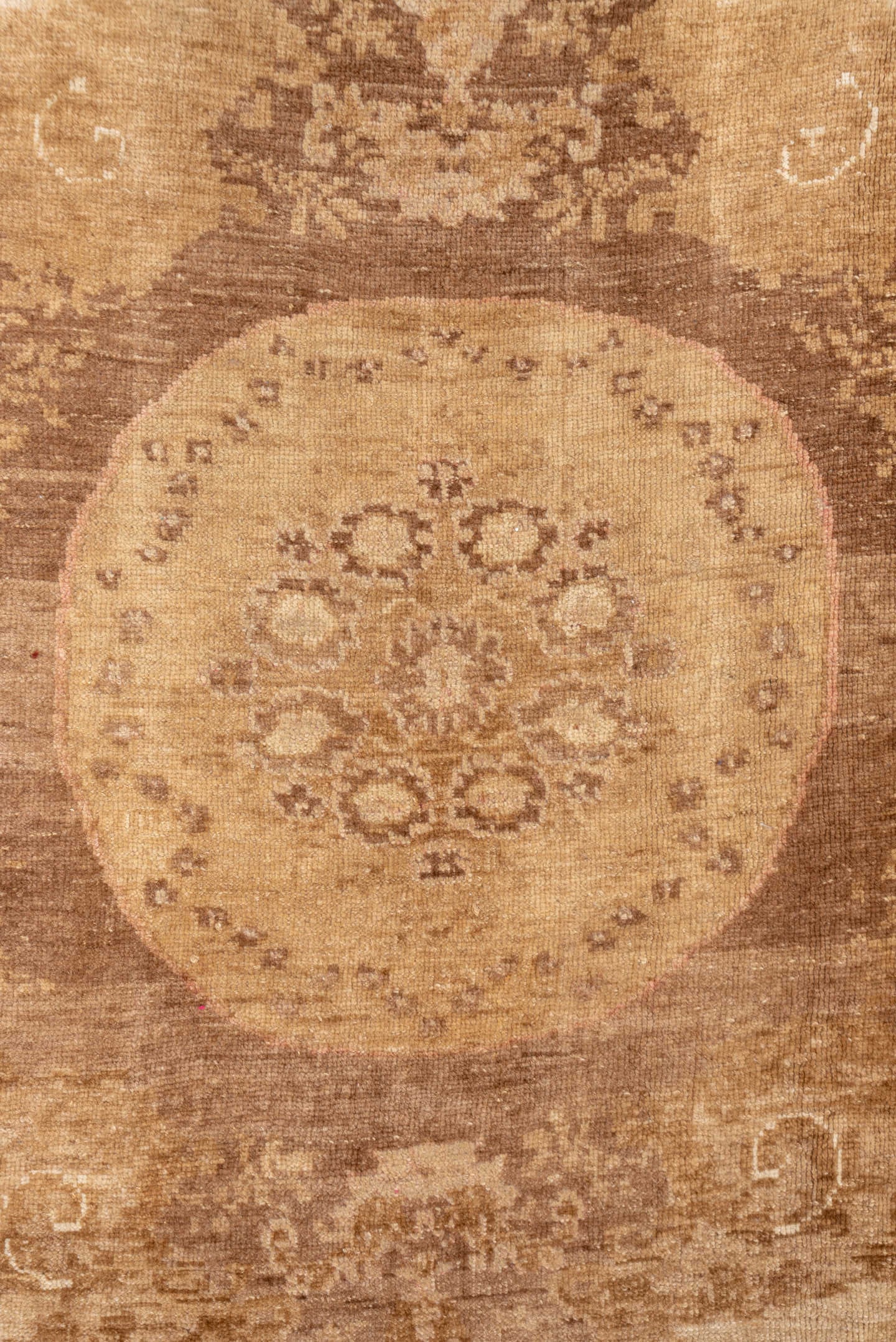 7' x 9' one-of-a-kind handmade vintage Oushak rug. Color palette: camel, ivory, taupe, beige, tan, brown, gray