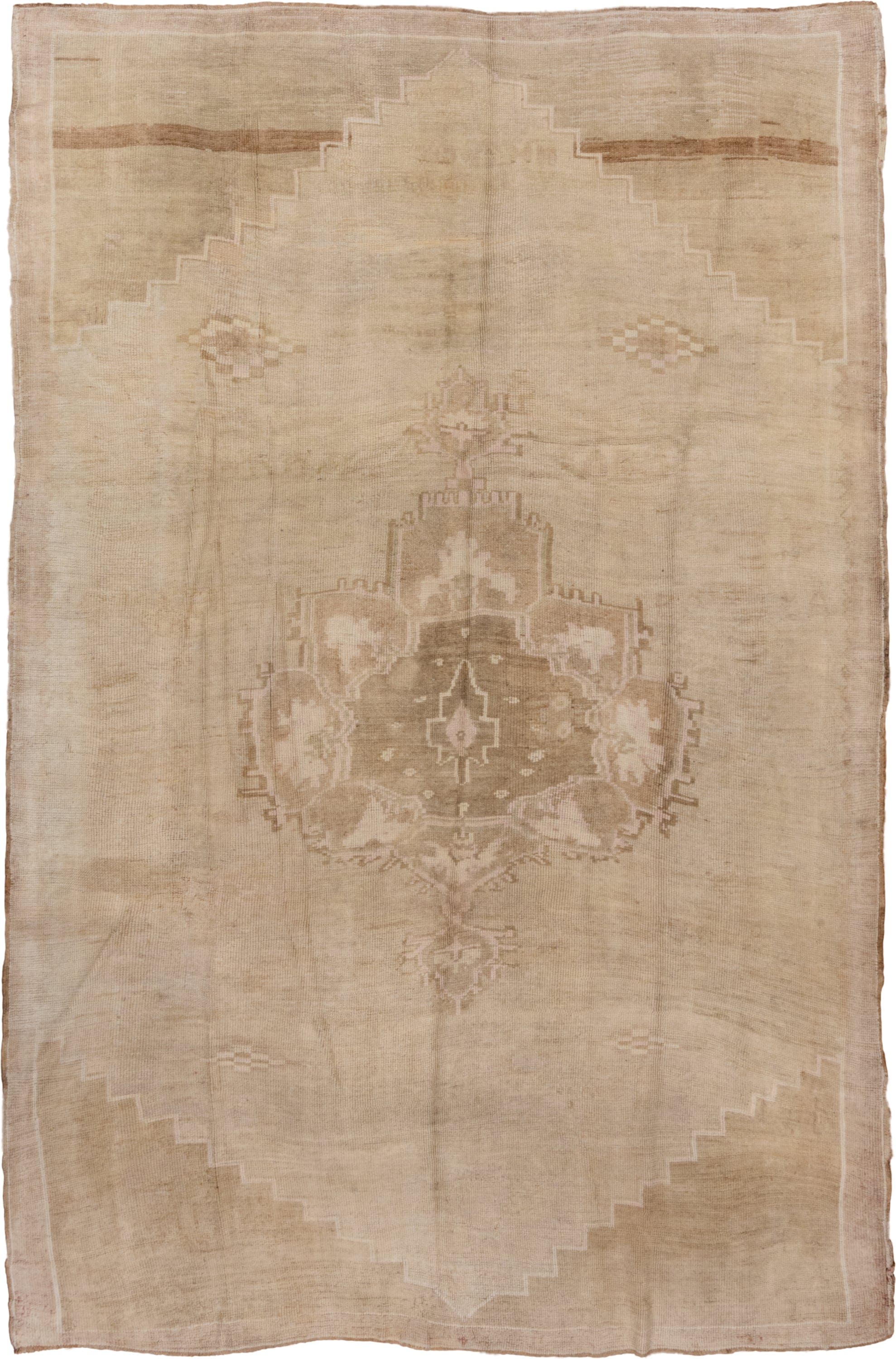 7' x 11' one-of-a-kind handmade vintage Oushak large size rug. Color palette: beige, ivory, taupe, camel, sand, light brown
