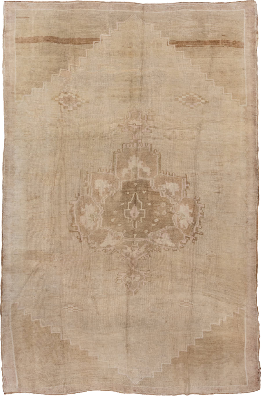 7' x 11' one-of-a-kind handmade vintage Oushak large size rug. Color palette: beige, ivory, taupe, camel, sand, light brown