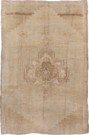7' x 11' one-of-a-kind handmade vintage Oushak large size rug. Color palette: beige, ivory, taupe, camel, sand, light brown