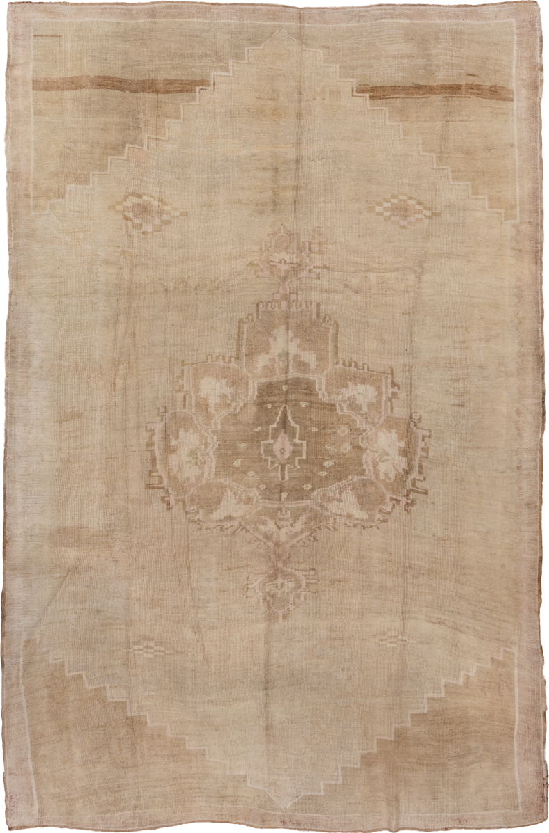 7' x 11' one-of-a-kind handmade vintage Oushak large size rug. Color palette: beige, ivory, taupe, camel, sand, light brown