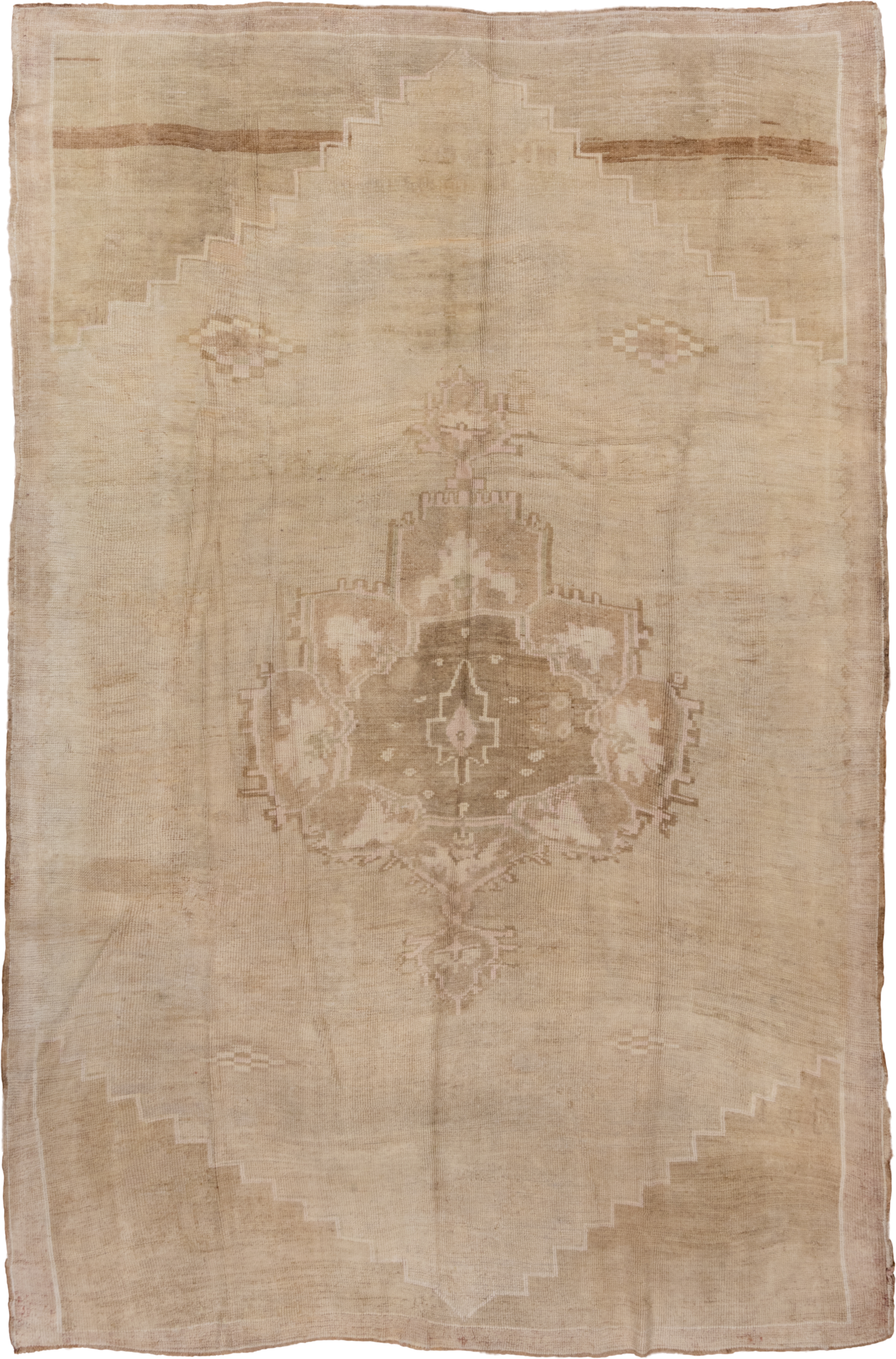 7' x 11' one-of-a-kind handmade vintage Oushak large size rug. Color palette: beige, ivory, taupe, camel, sand, light brown