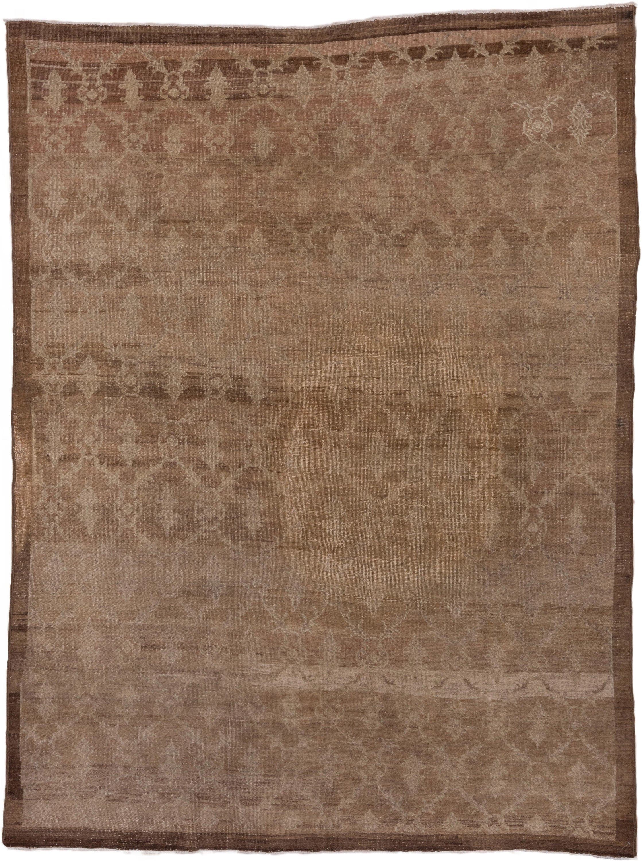 6' x 9' one-of-a-kind handmade vintage Oushak medium size rug. Color palette: taupe, camel, brown, beige, ivory, gray