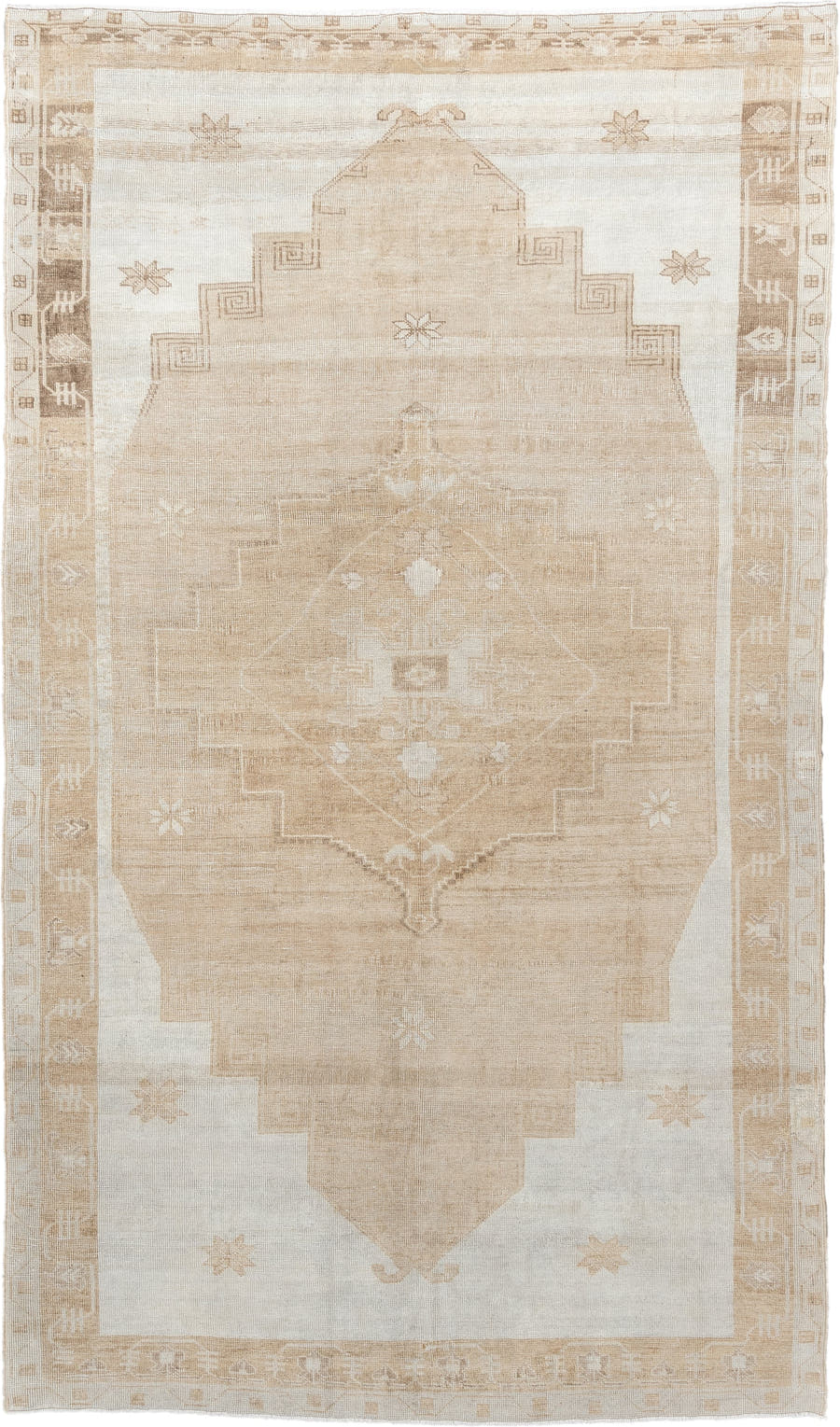 5' x 9' one-of-a-kind handmade vintage Oushak large size rug. Color palette: ivory, camel, beige, taupe, sand, gray