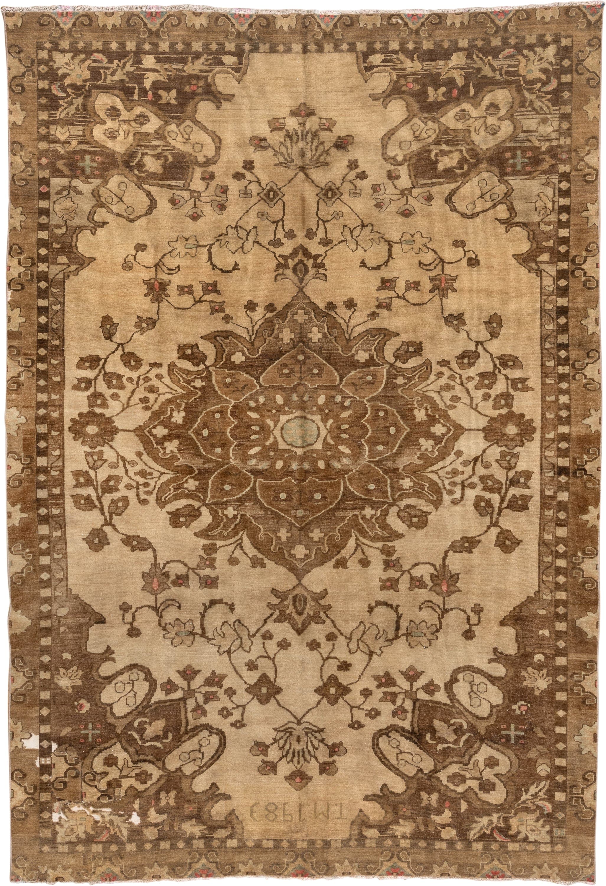 8' x 12' one-of-a-kind handmade vintage Oushak large size rug. Color palette: ivory, brown, taupe, camel, rose, pale_blue