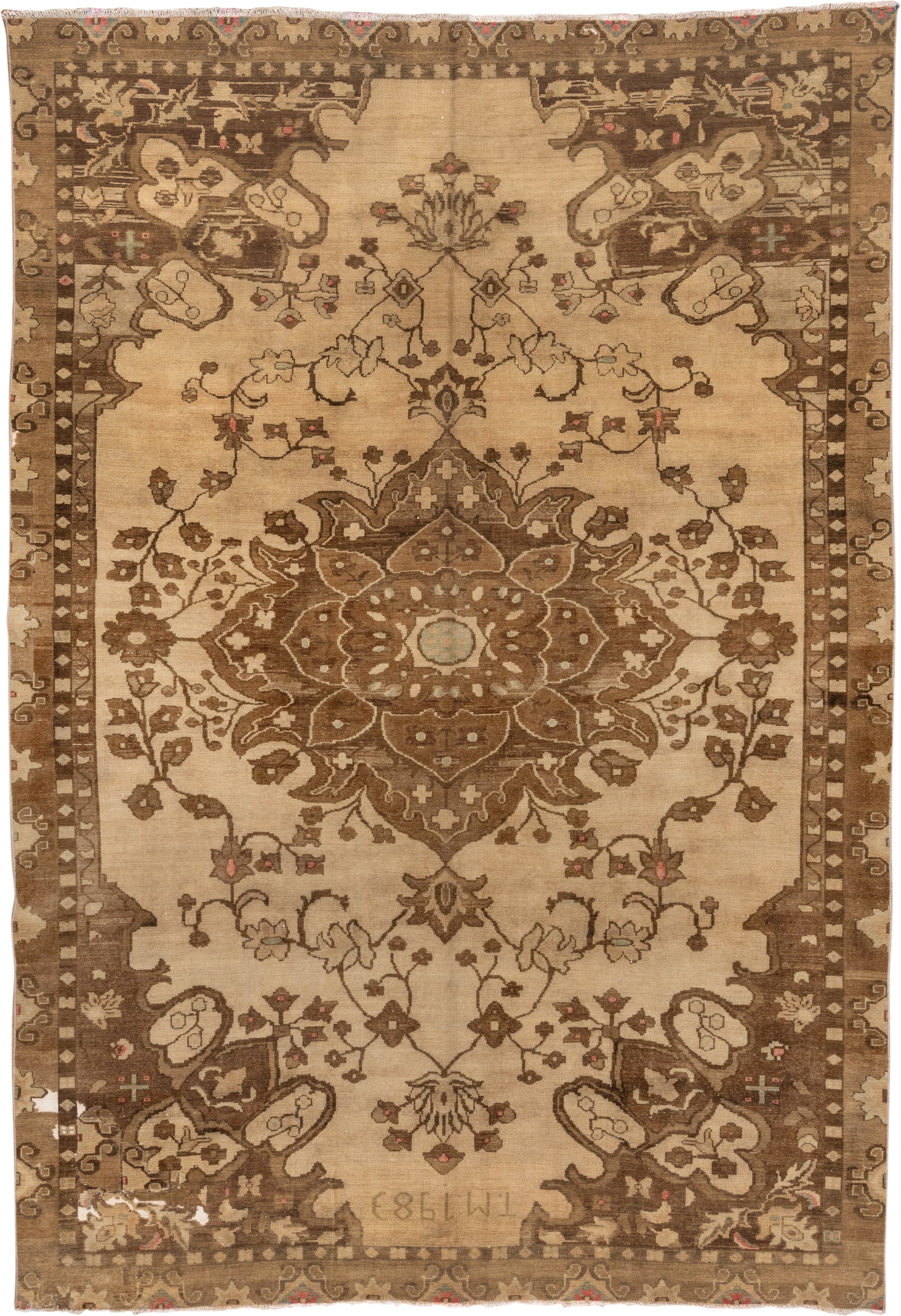 8' x 12' one-of-a-kind handmade vintage Oushak large size rug. Color palette: ivory, brown, taupe, camel, rose, pale_blue