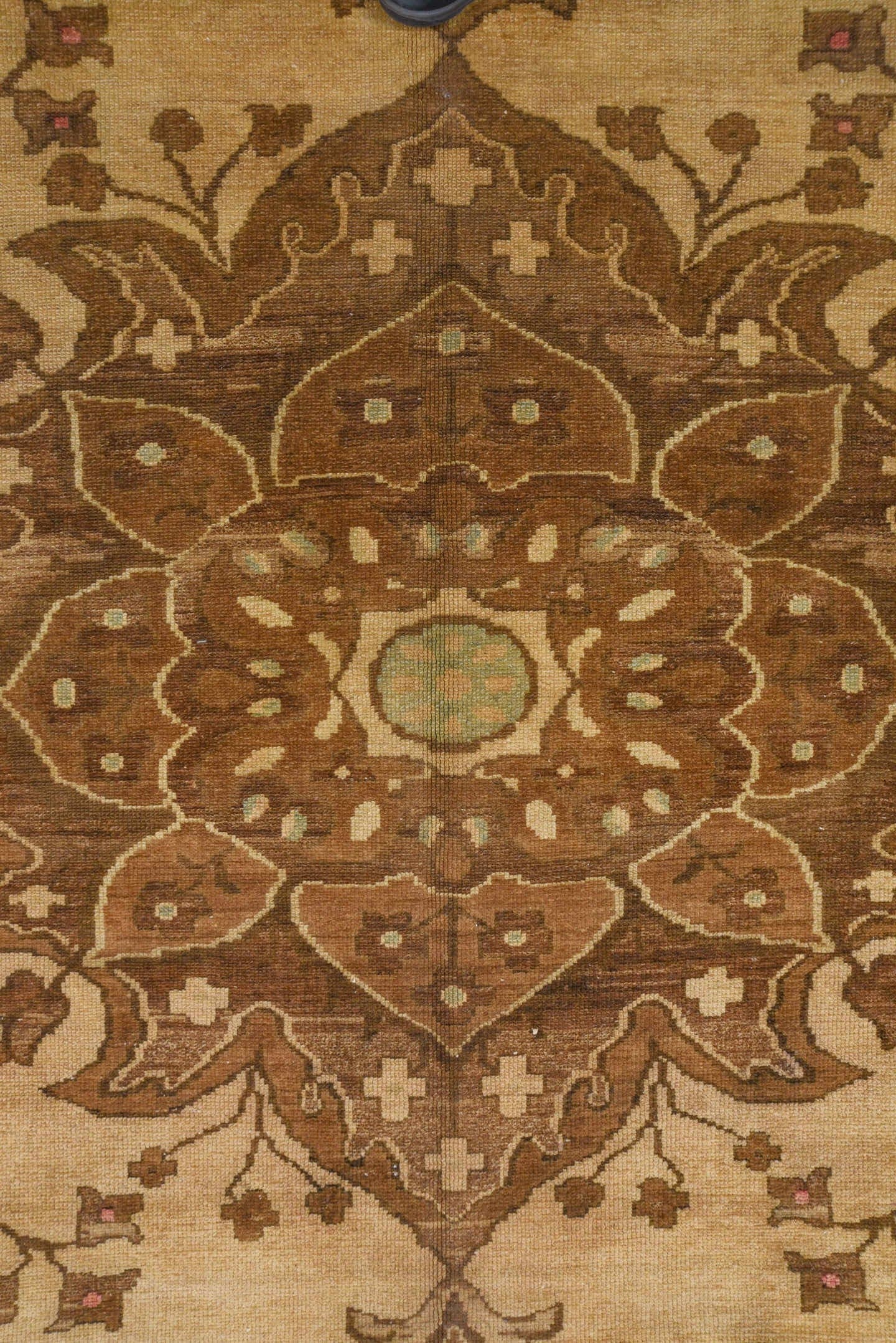 8' x 12' one-of-a-kind handmade vintage Oushak large size rug. Color palette: ivory, brown, taupe, camel, rose, pale_blue