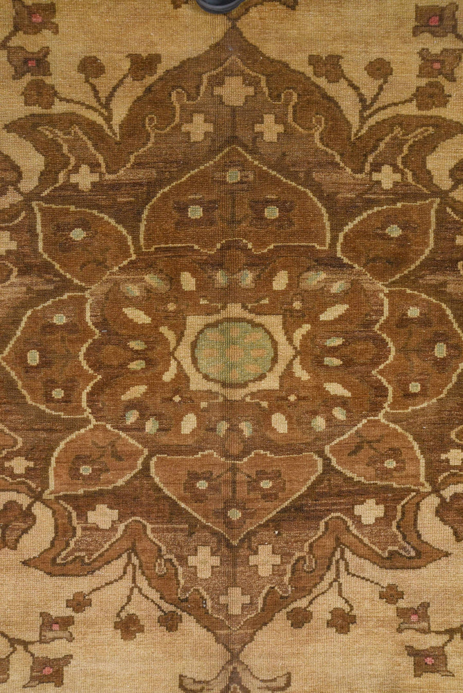 8' x 12' one-of-a-kind handmade vintage Oushak large size rug. Color palette: ivory, brown, taupe, camel, rose, pale_blue