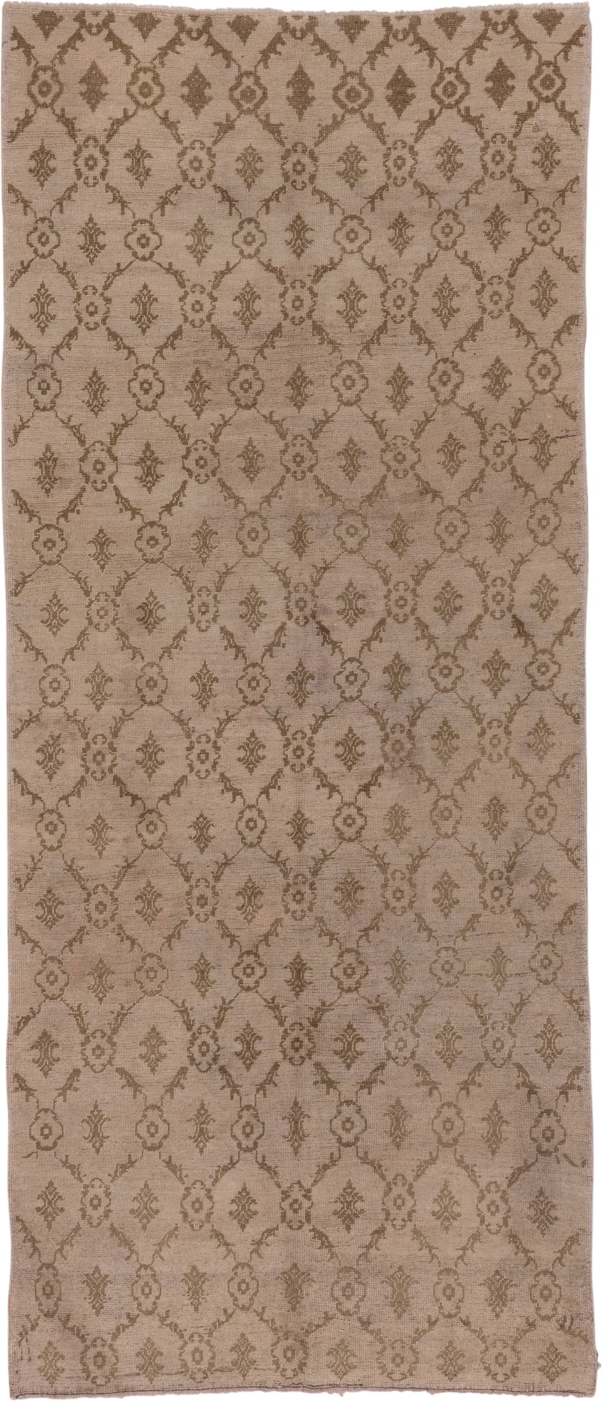 5' x 11' one-of-a-kind handmade vintage Oushak rug. Color palette: taupe, camel, beige, sand, brown, gray