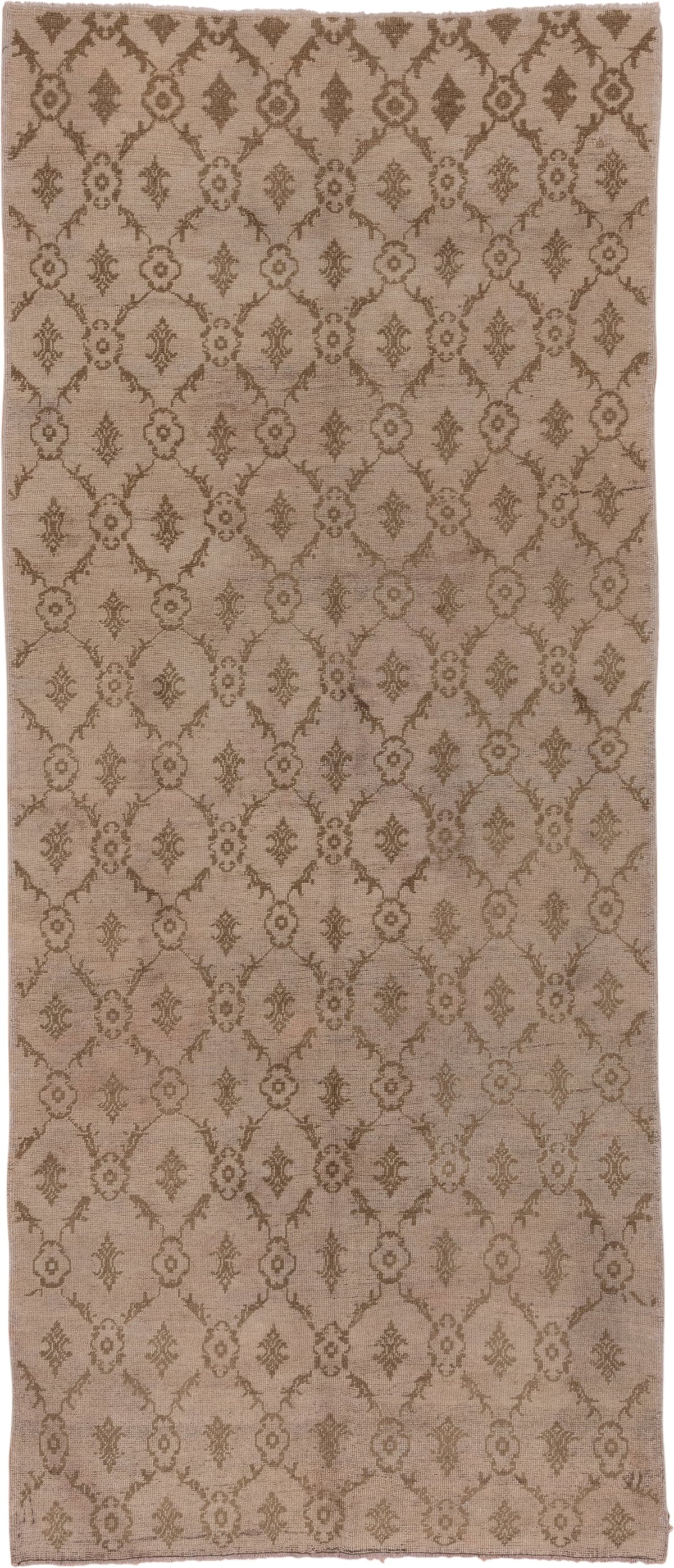 5' x 11' one-of-a-kind handmade vintage Oushak rug. Color palette: taupe, camel, beige, sand, brown, gray