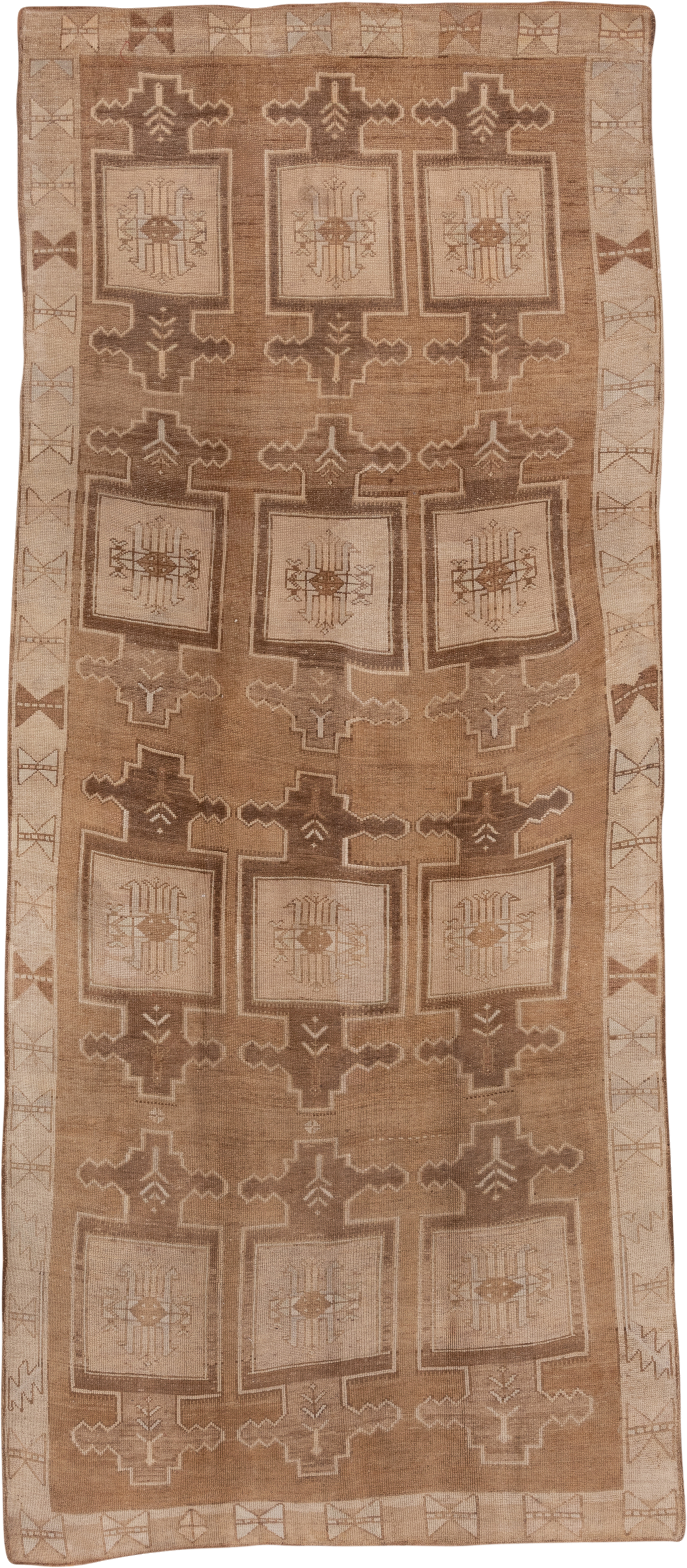 6' x 15' one-of-a-kind handmade vintage Oushak rug. Color palette: camel, taupe, ivory, beige, sand, light brown, gray
